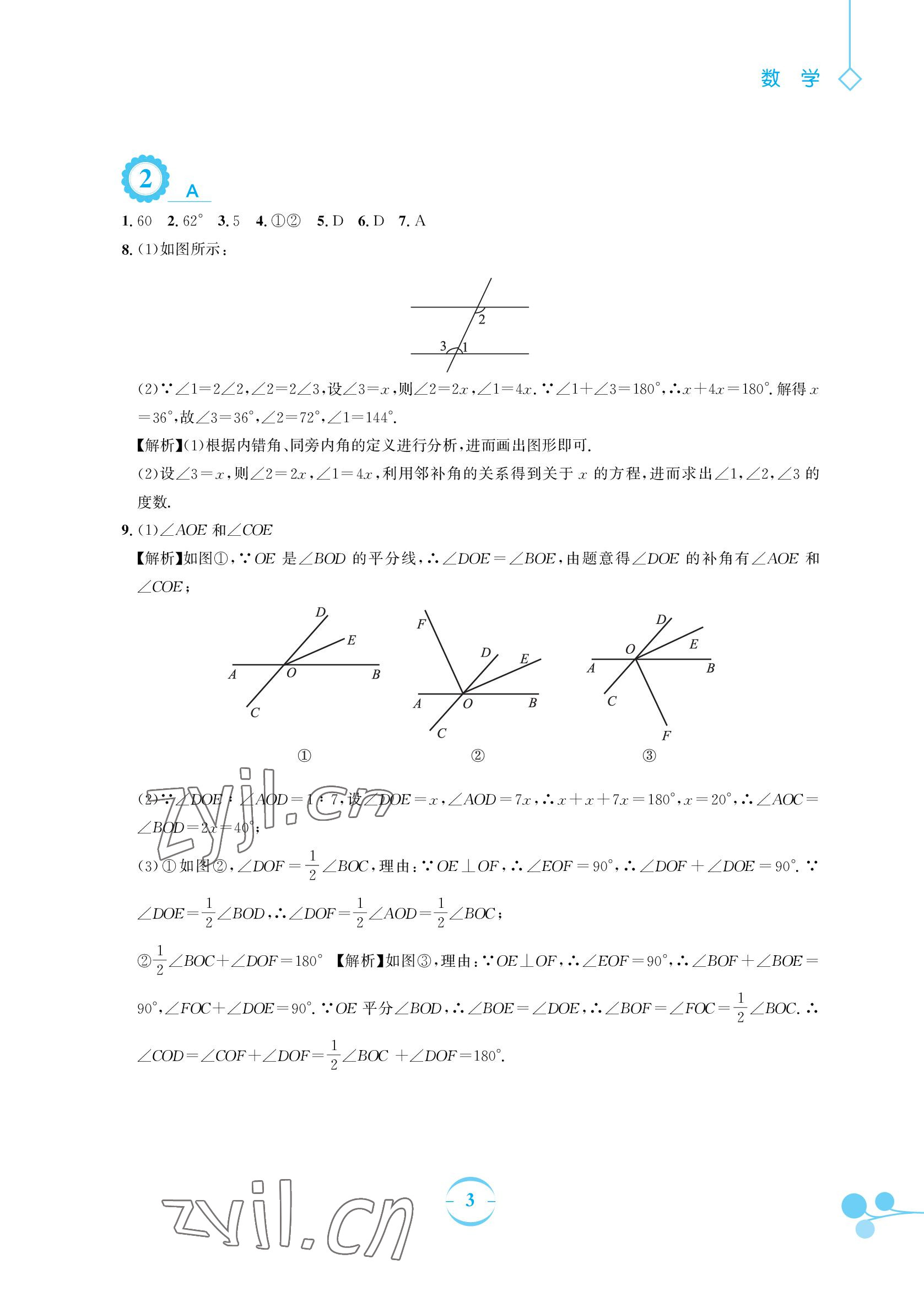 2022年暑假作业七年级数学人教版安徽教育出版社 参考答案第3页