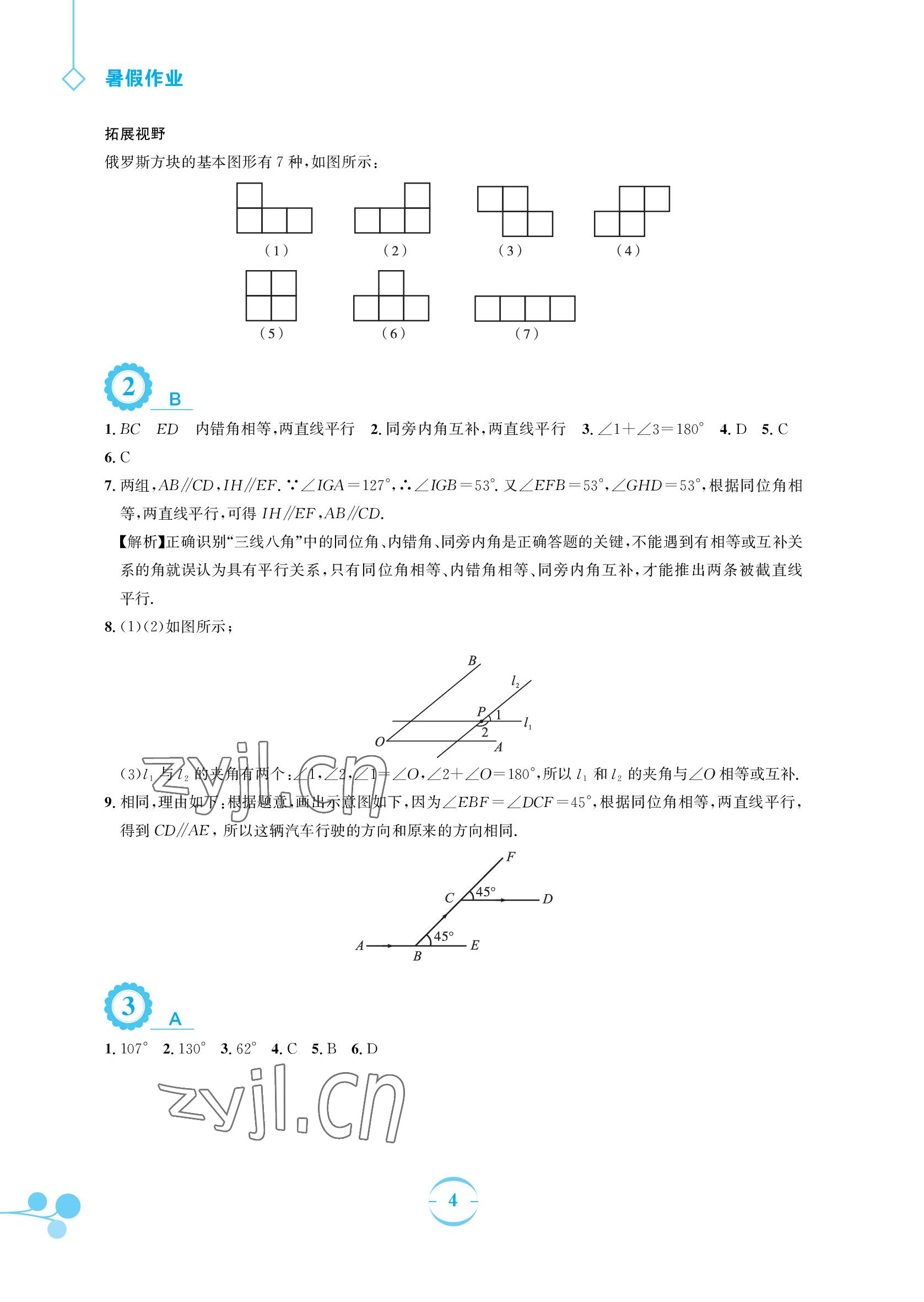 2022年暑假作业七年级数学人教版安徽教育出版社 参考答案第4页