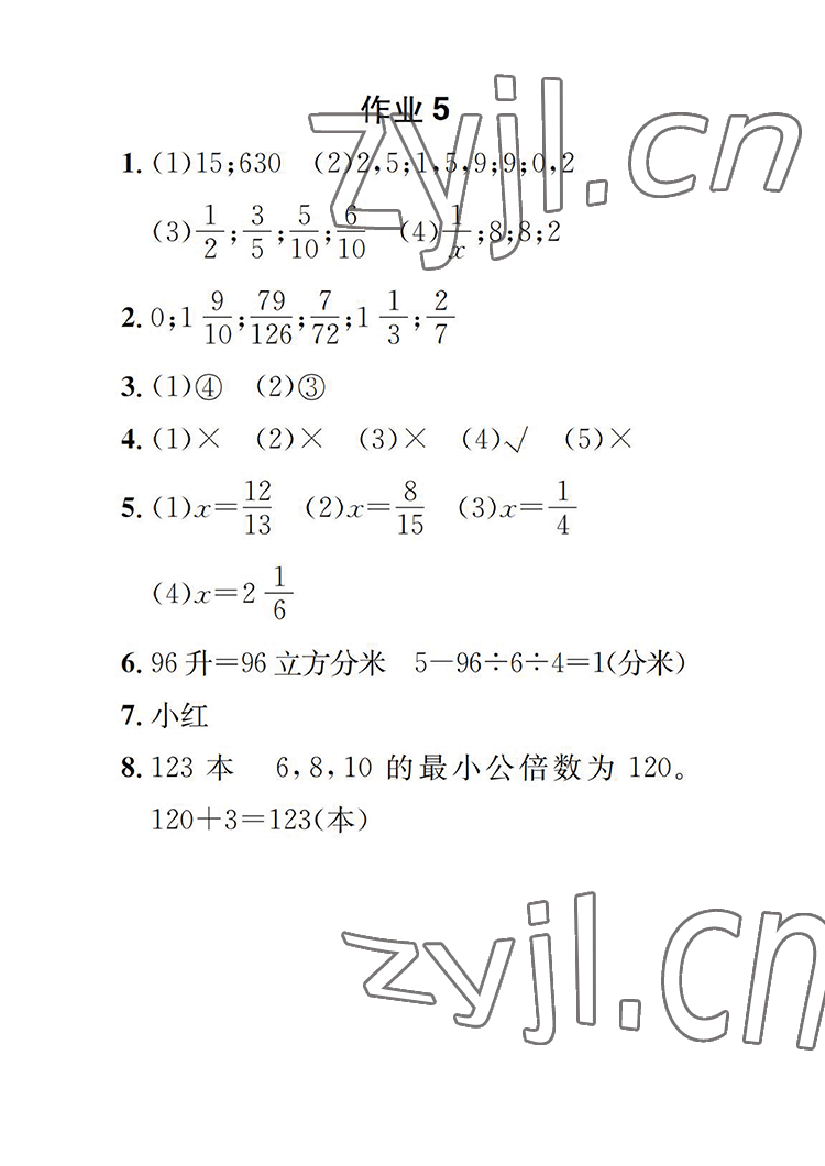 2022年长江暑假作业五年级数学人教版崇文书局 参考答案第5页