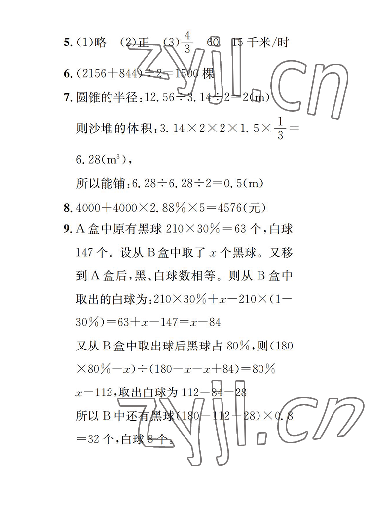 2022年长江暑假作业六年级数学人教版崇文书局 参考答案第3页