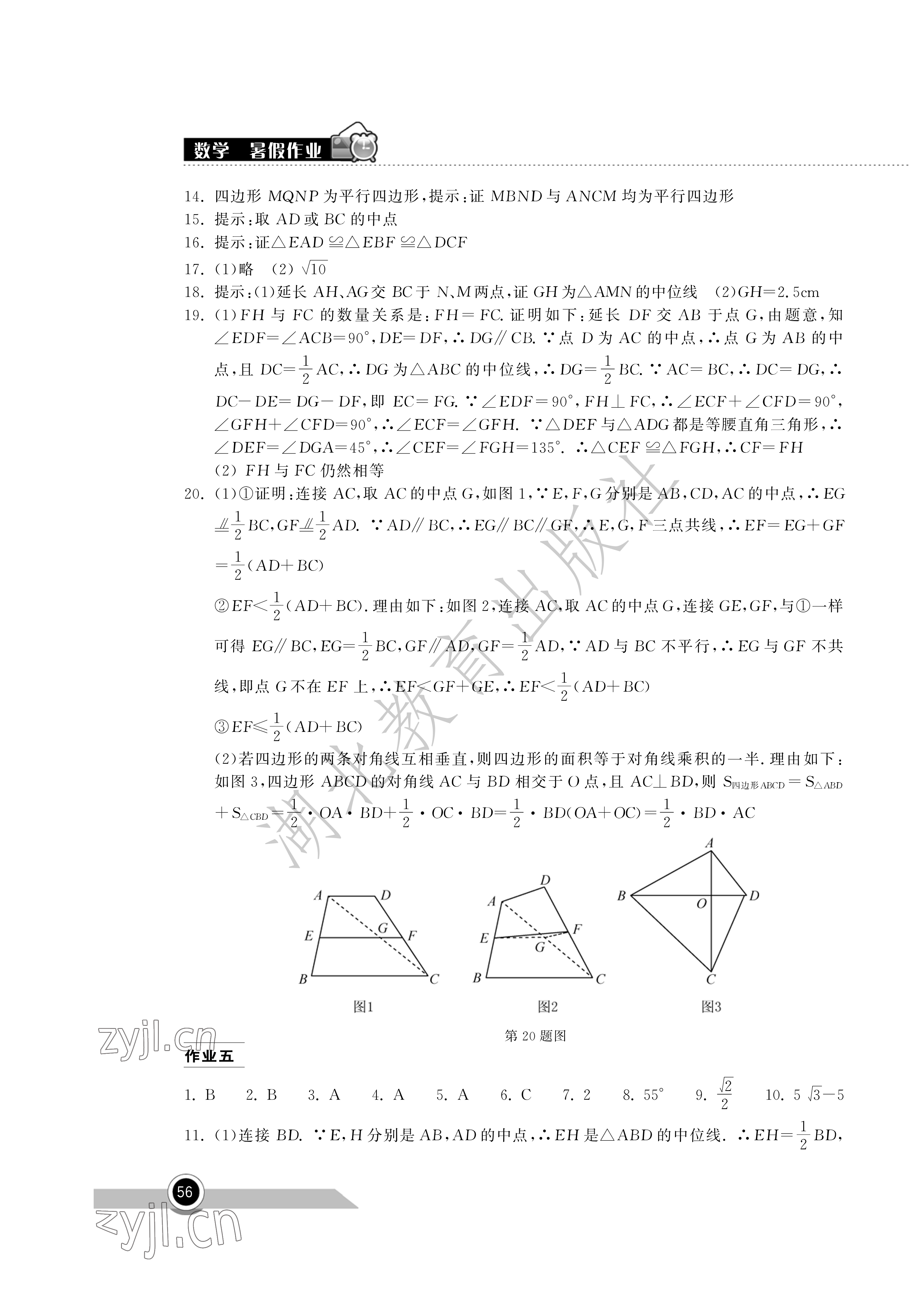 2022年长江作业本暑假作业八年级数学人教版湖北教育出版社 参考答案第2页