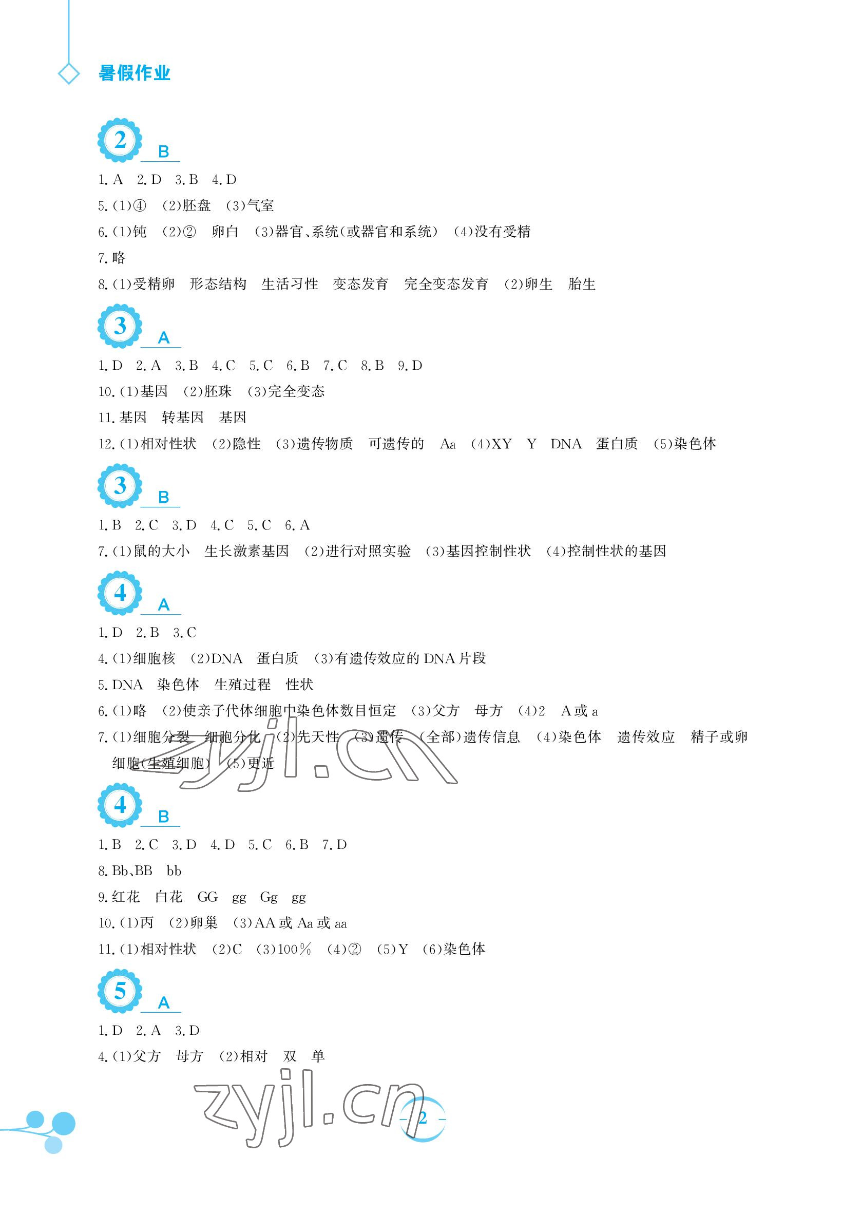 2022年暑假作业安徽教育出版社八年级生物人教版 参考答案第2页