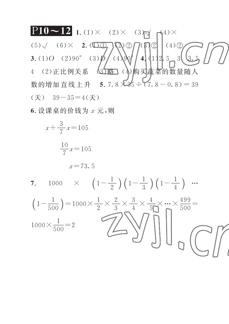 2022年长江暑假作业崇文书局六年级数学北师大版 参考答案第4页