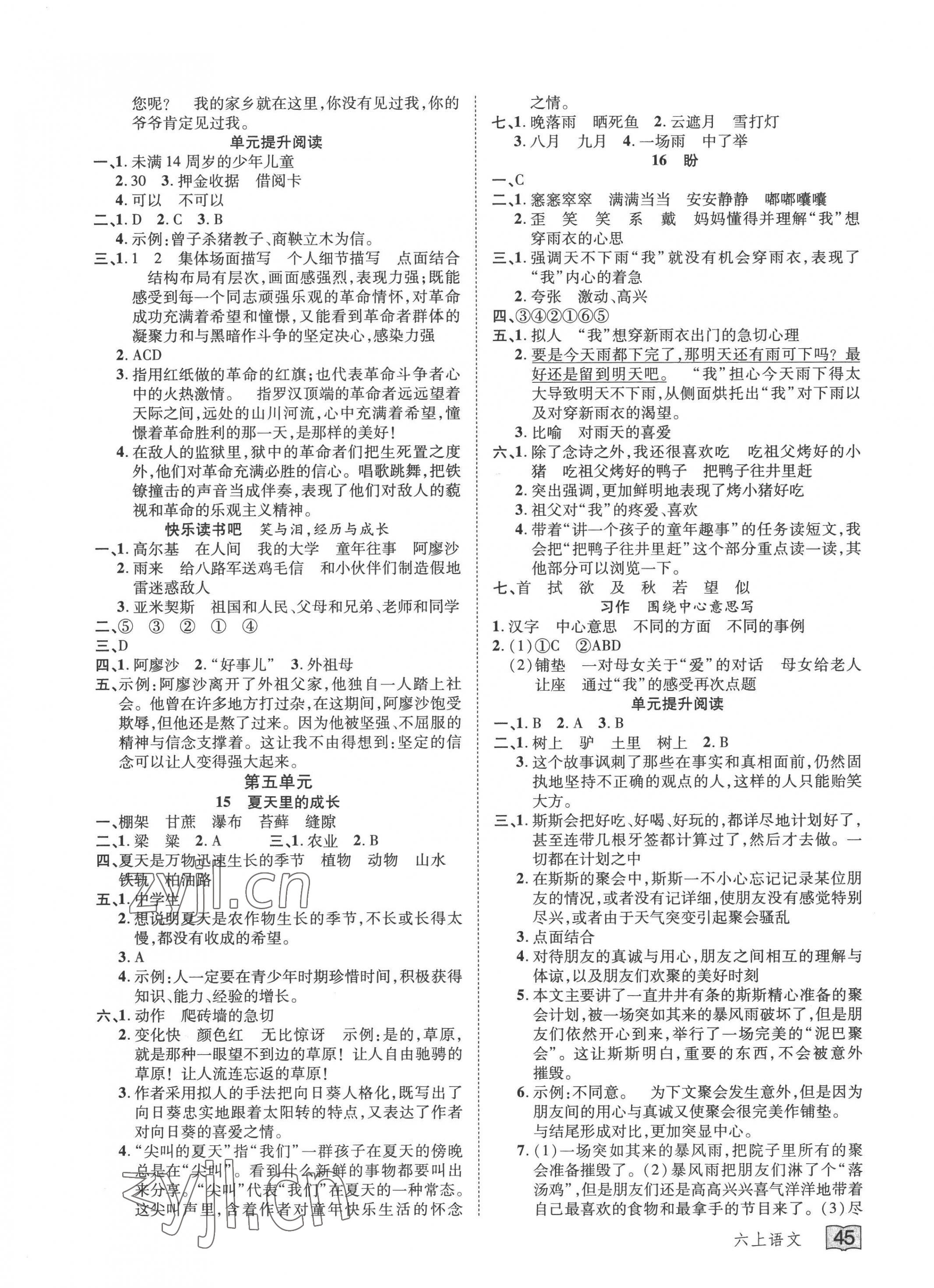 2022年花兒與星星六年級語文上冊人教版 參考答案第5頁