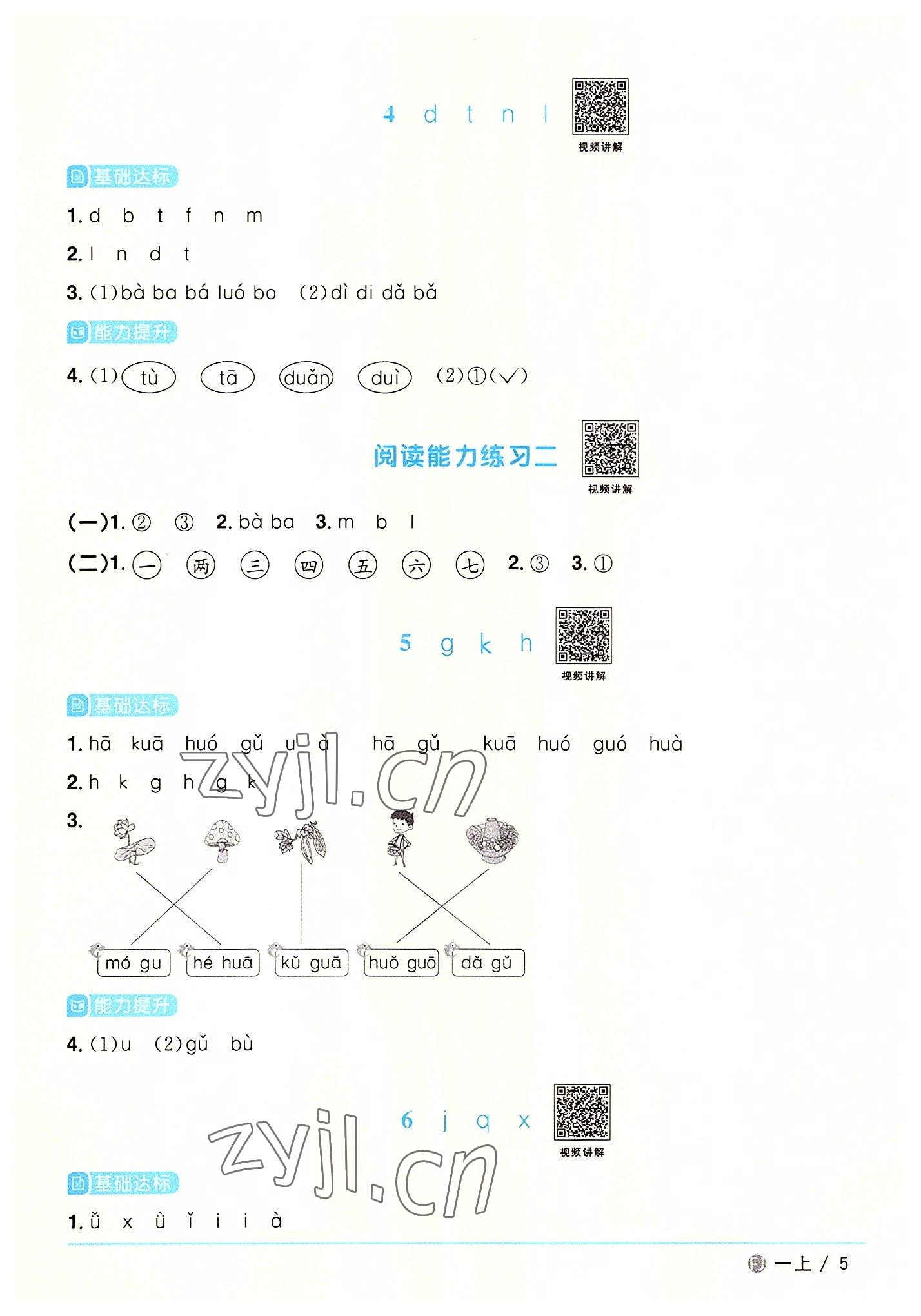 2022年陽光同學(xué)課時優(yōu)化作業(yè)一年級語文上冊人教版福建專版 參考答案第5頁