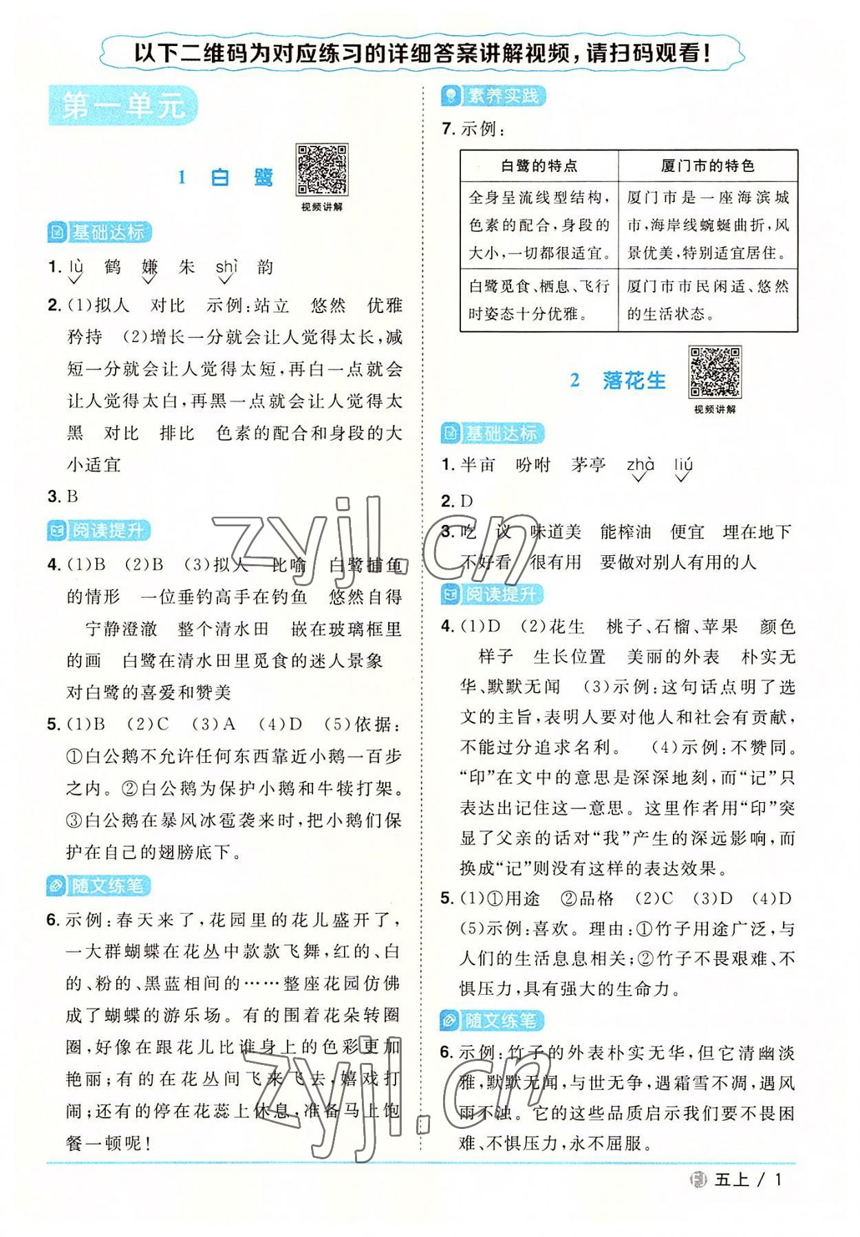 2022年陽光同學(xué)課時優(yōu)化作業(yè)五年級語文上冊人教版福建專版 參考答案第1頁