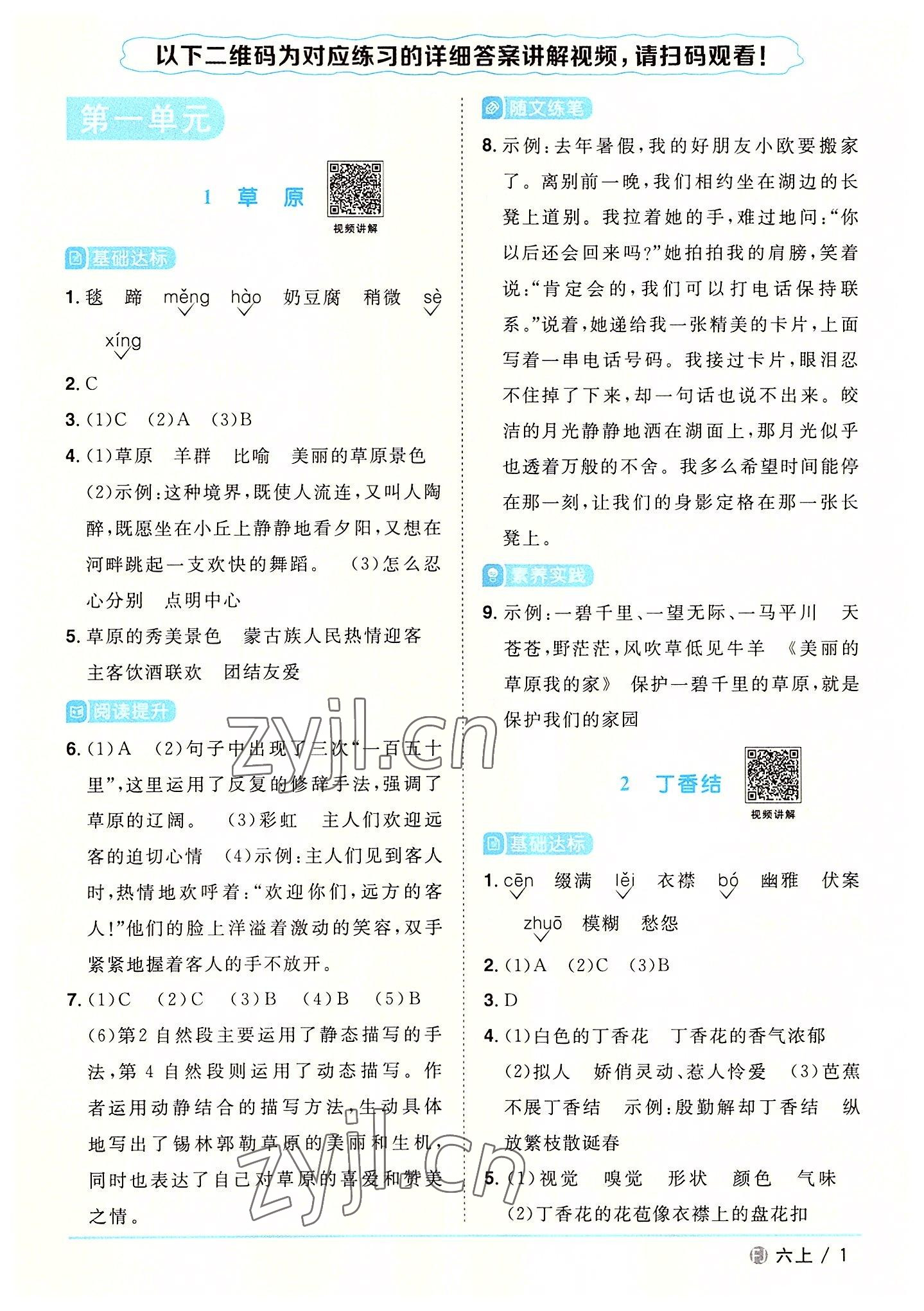 2022年阳光同学课时优化作业六年级语文上册人教版福建专版 参考答案第1页