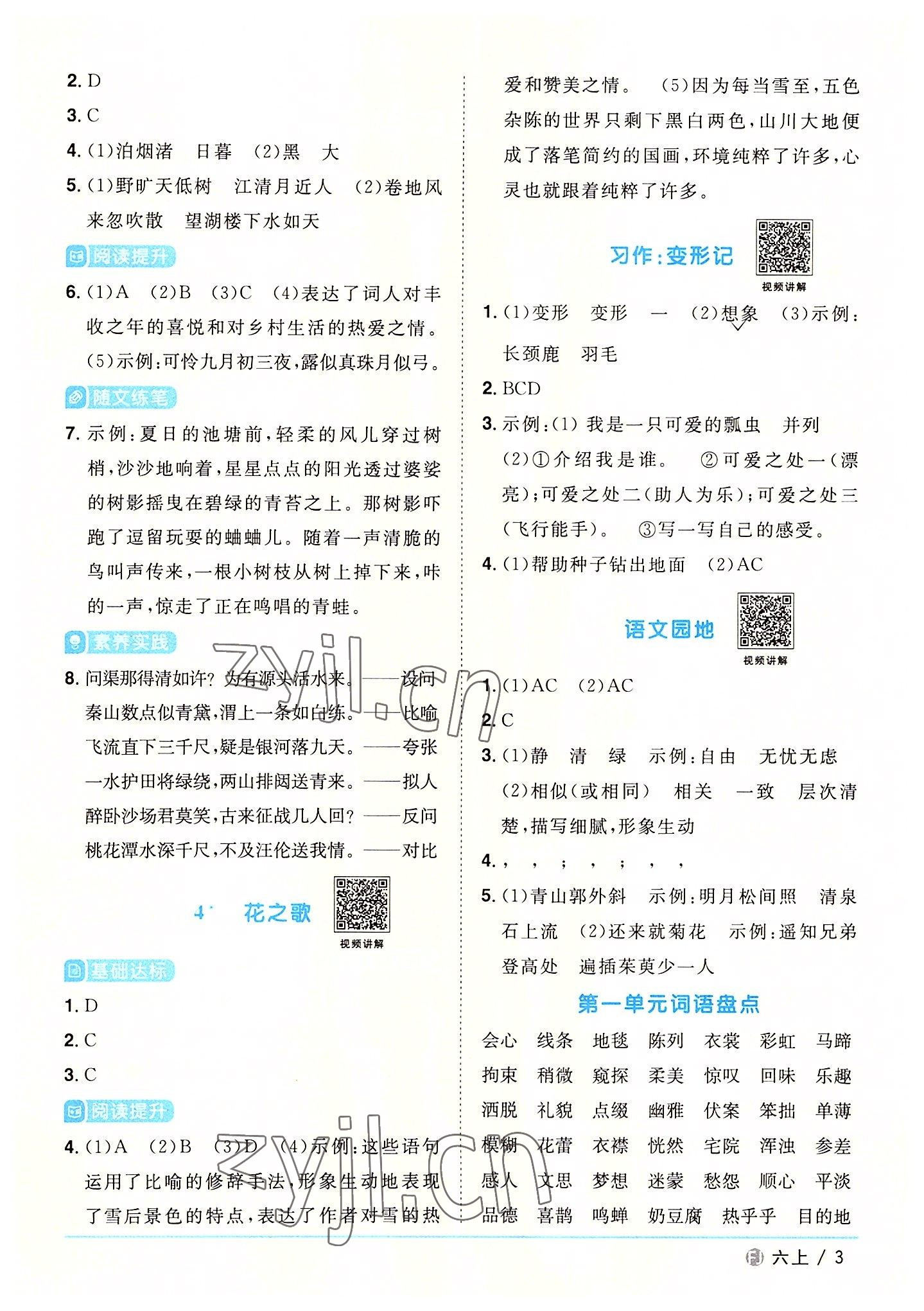 2022年陽(yáng)光同學(xué)課時(shí)優(yōu)化作業(yè)六年級(jí)語(yǔ)文上冊(cè)人教版福建專版 參考答案第3頁(yè)