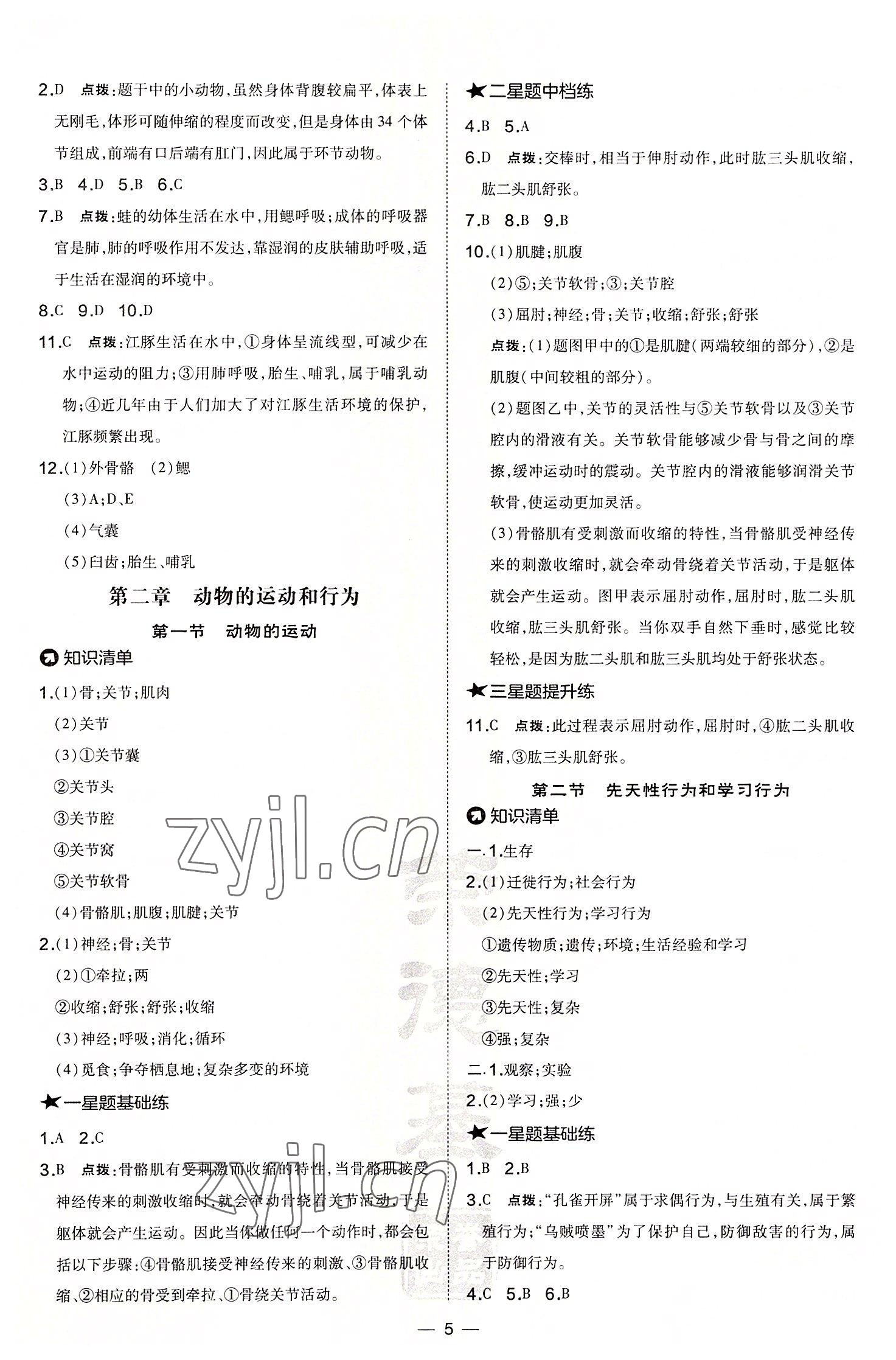 2022年點撥訓練八年級生物上冊人教版 參考答案第5頁