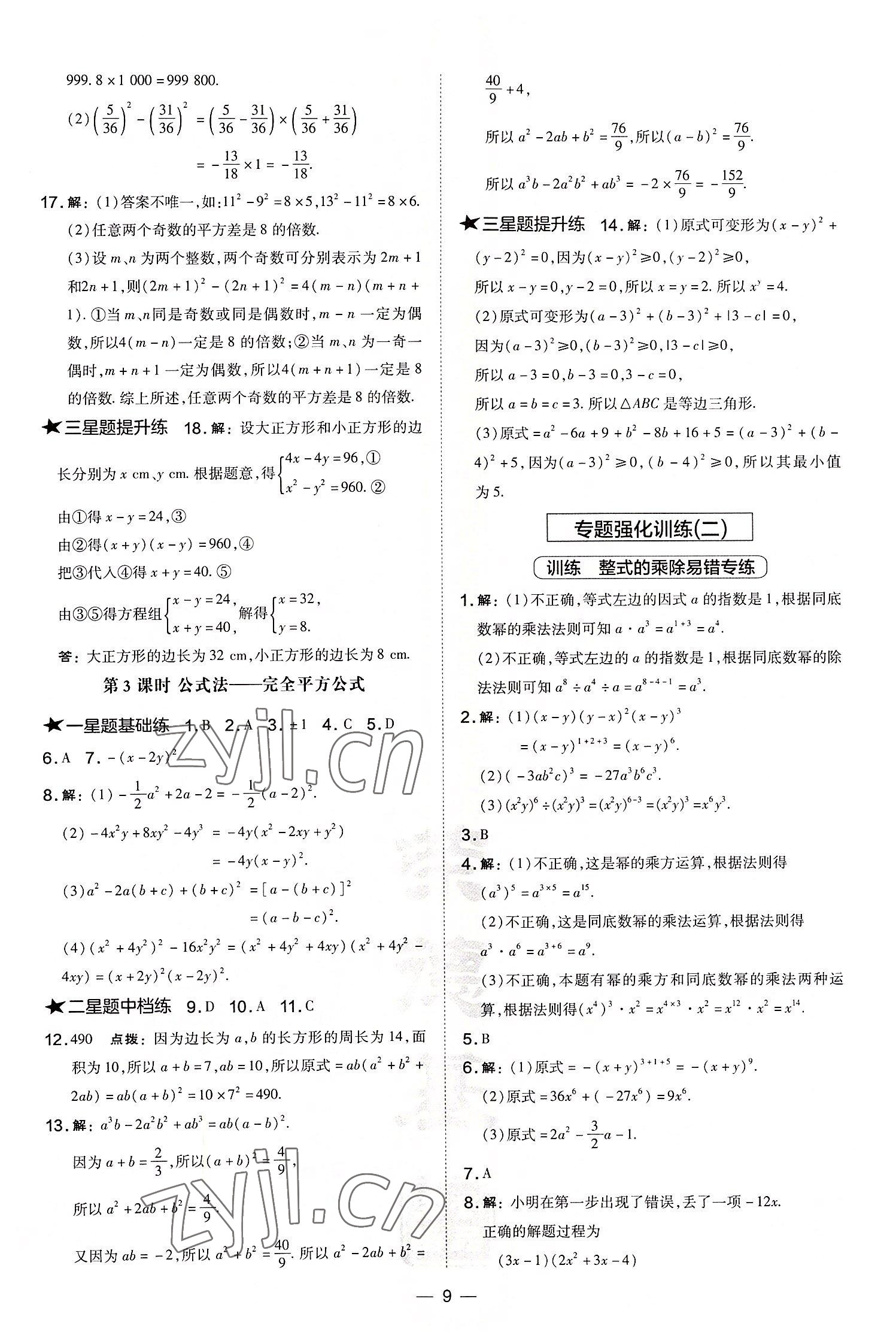 2022年点拨训练八年级数学上册华师大版 参考答案第9页