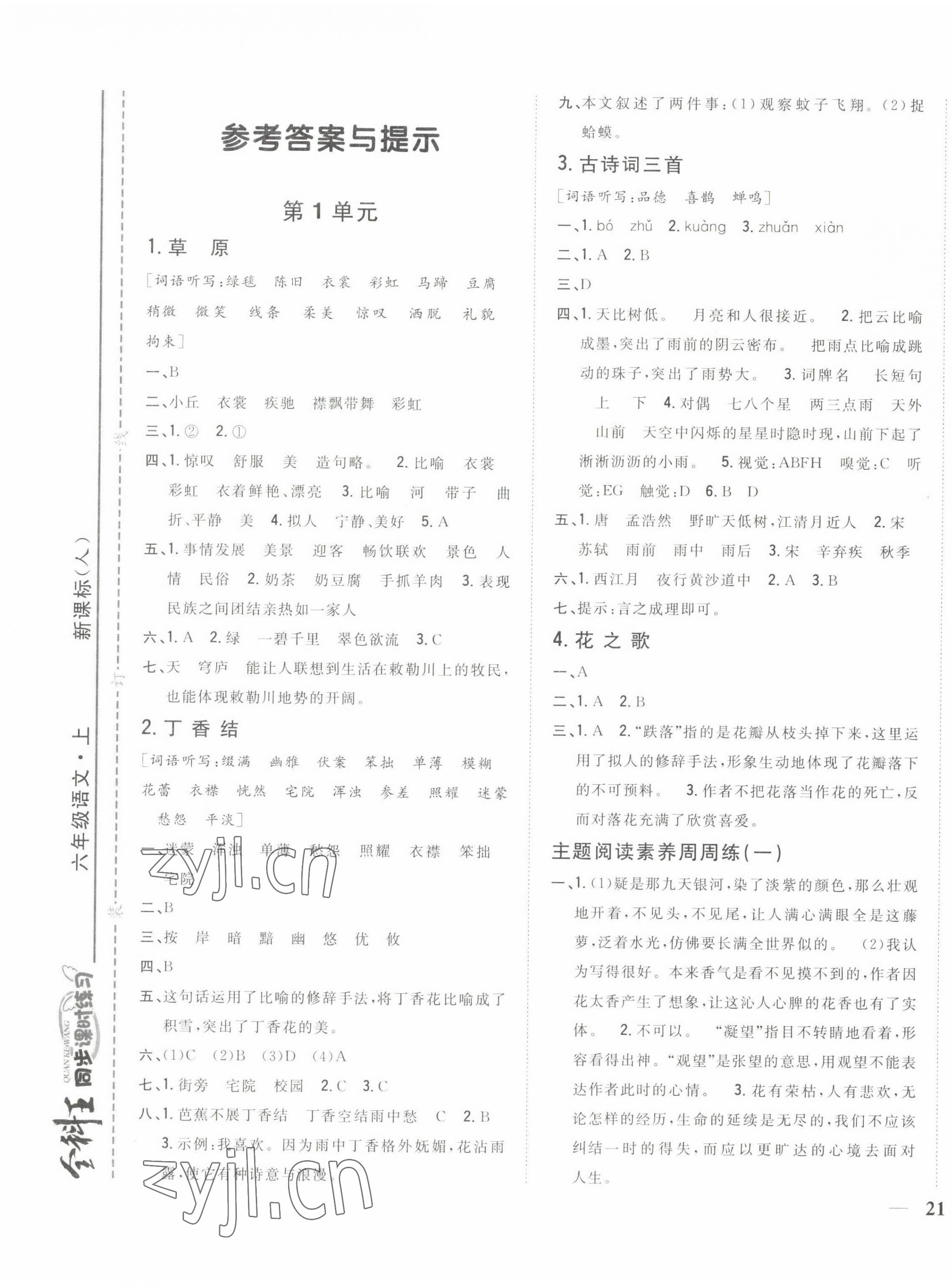 2022年全科王同步課時(shí)練習(xí)六年級(jí)語(yǔ)文上冊(cè)人教版 參考答案第1頁(yè)