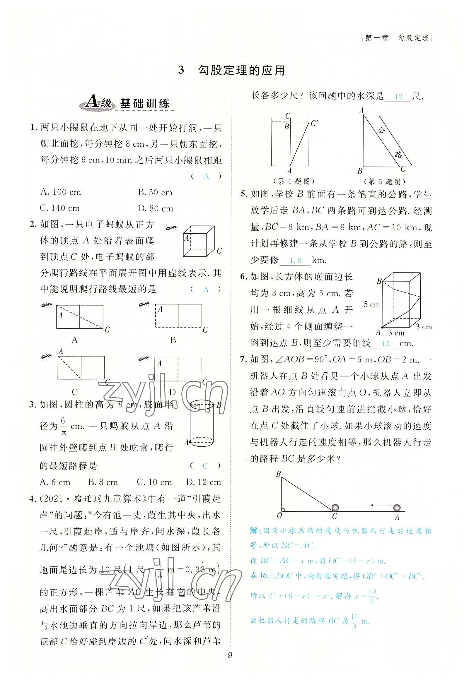 2022年課內(nèi)達標同步學(xué)案初數(shù)一號八年級數(shù)學(xué)上冊北師大版 參考答案第9頁