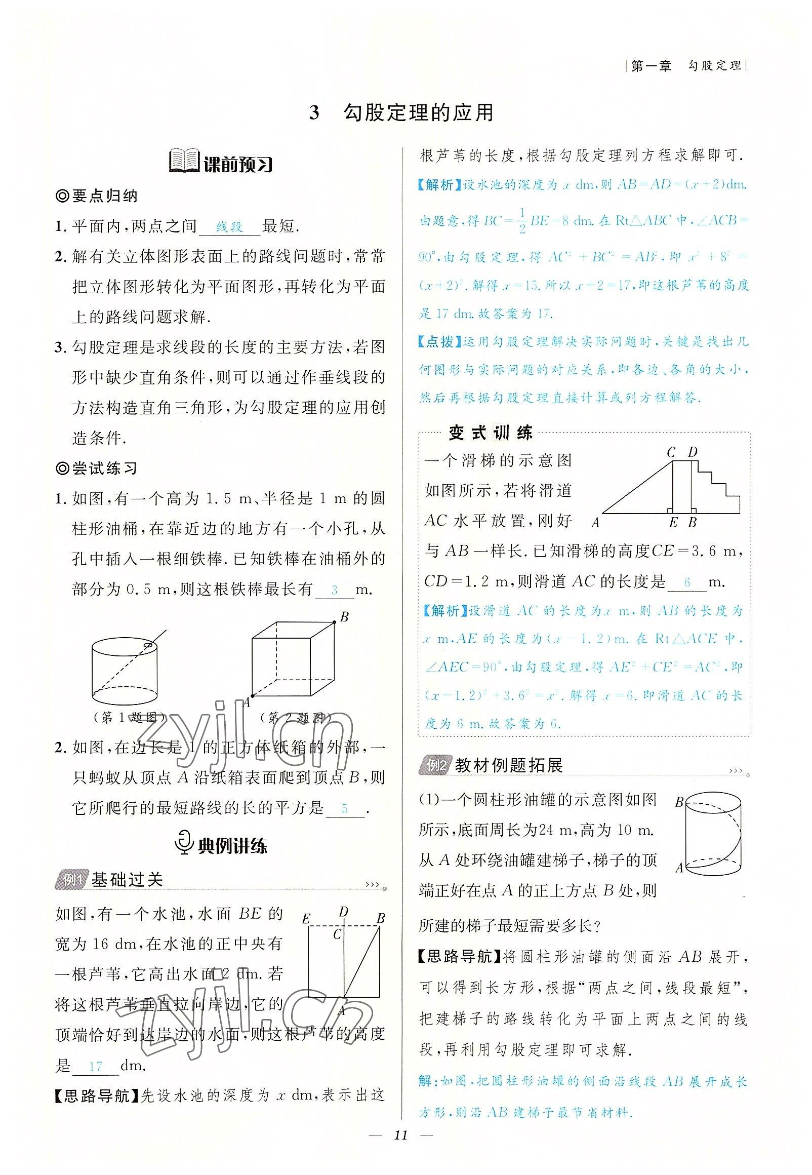 2022年课内达标同步学案初数一号八年级数学上册北师大版 参考答案第11页