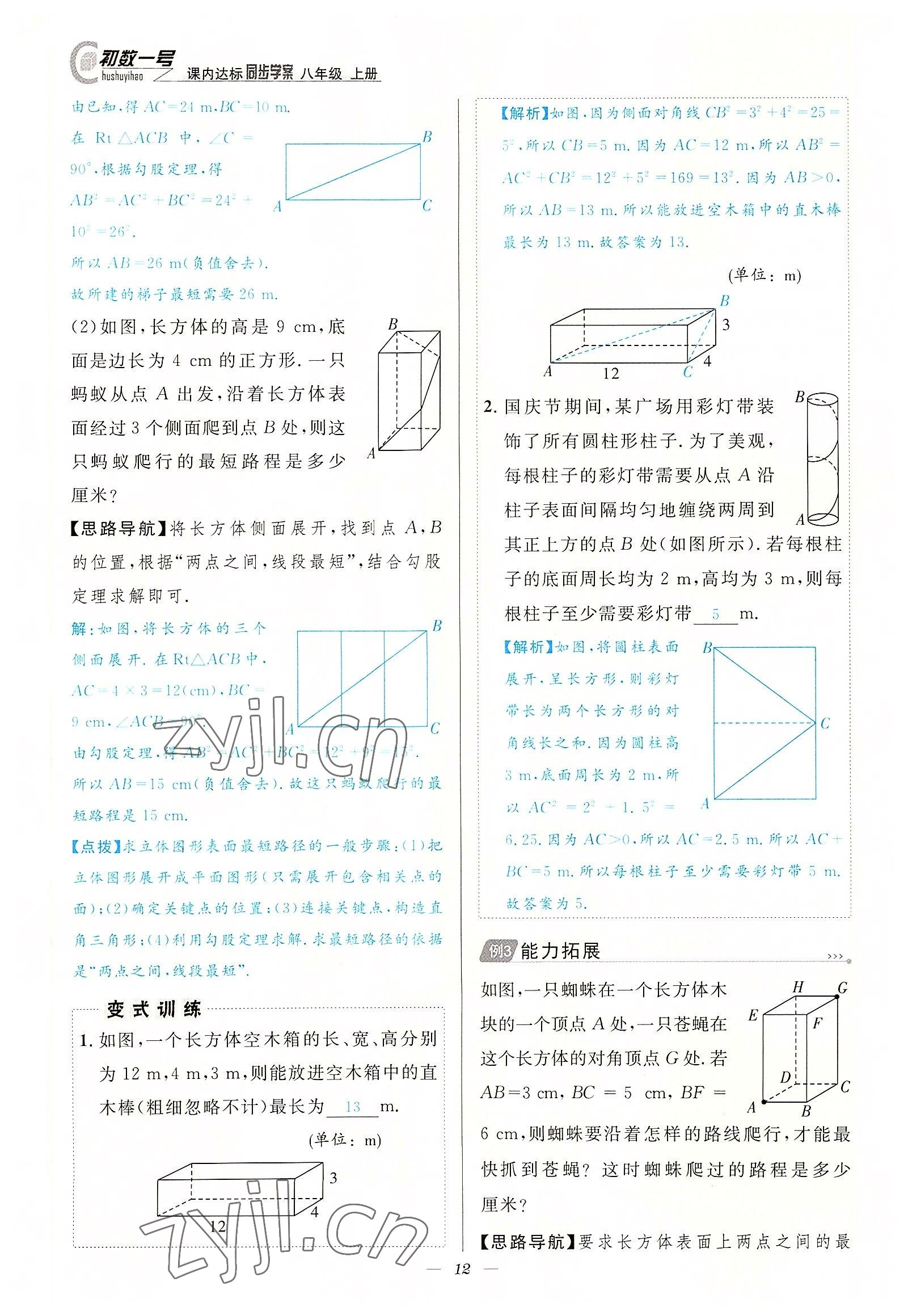 2022年课内达标同步学案初数一号八年级数学上册北师大版 参考答案第12页