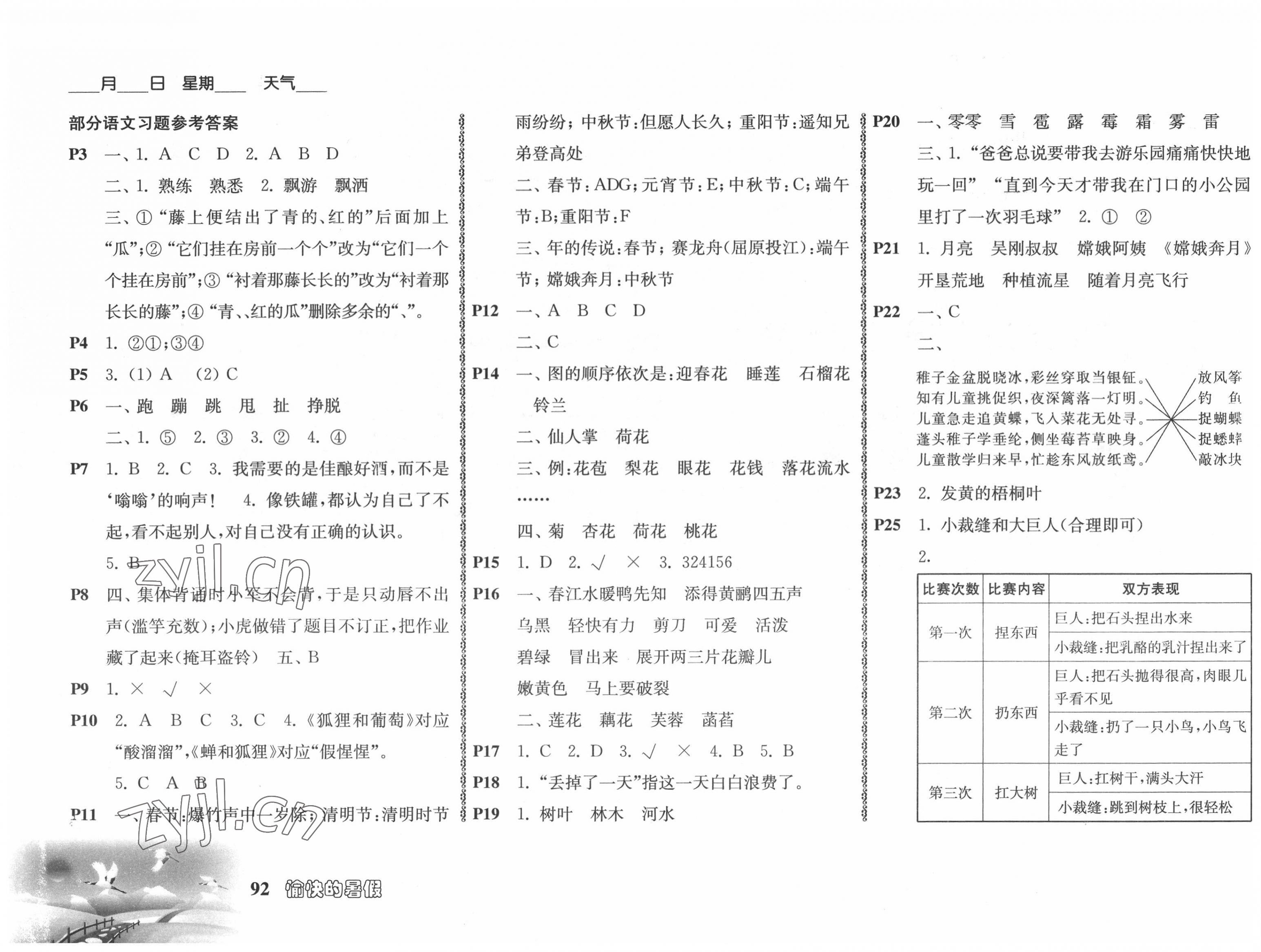 2022年愉快的暑假三年级 参考答案第1页