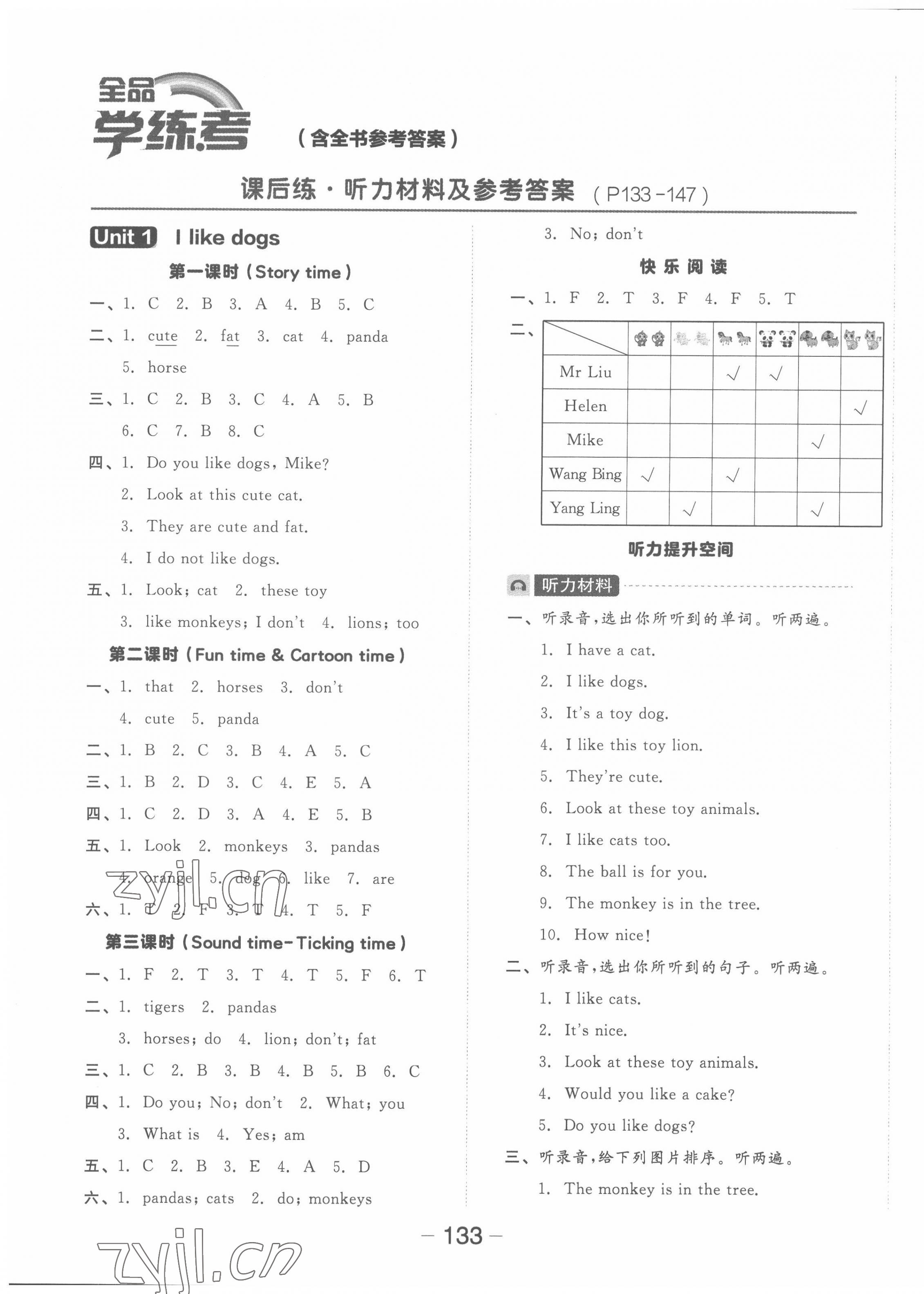 2022年全品学练考四年级英语上册译林版 参考答案第1页