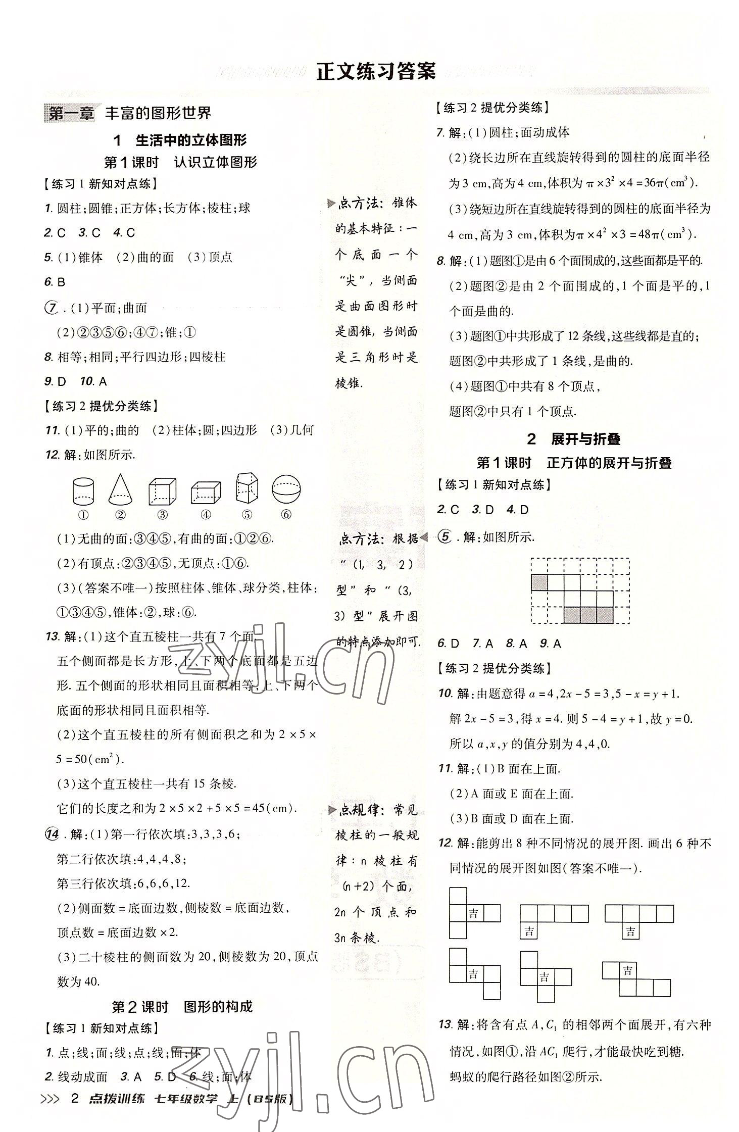 2022年點撥訓(xùn)練七年級數(shù)學(xué)上冊北師大版 參考答案第1頁