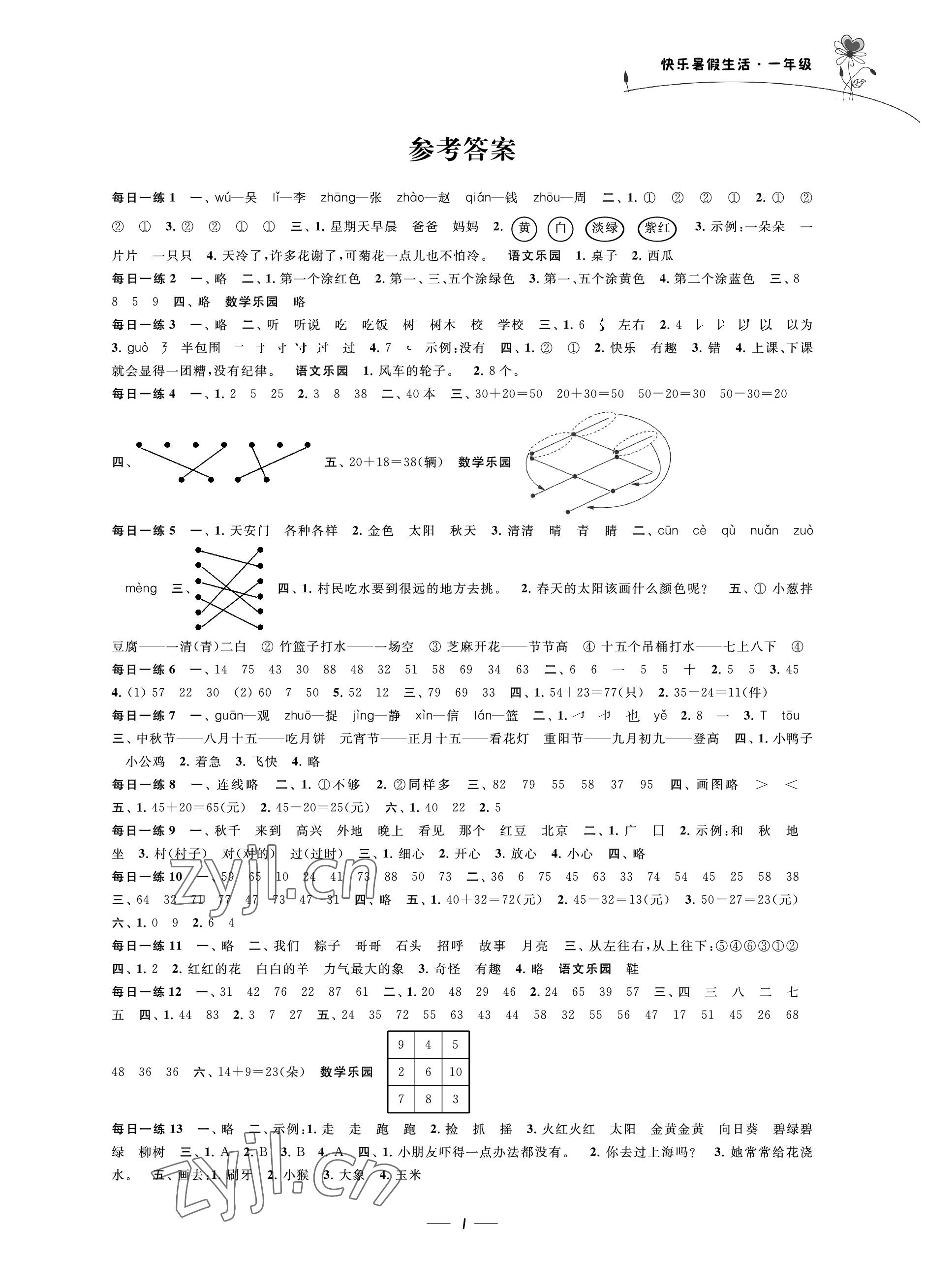 2022年快乐暑假生活一年级综合通用版 参考答案第1页