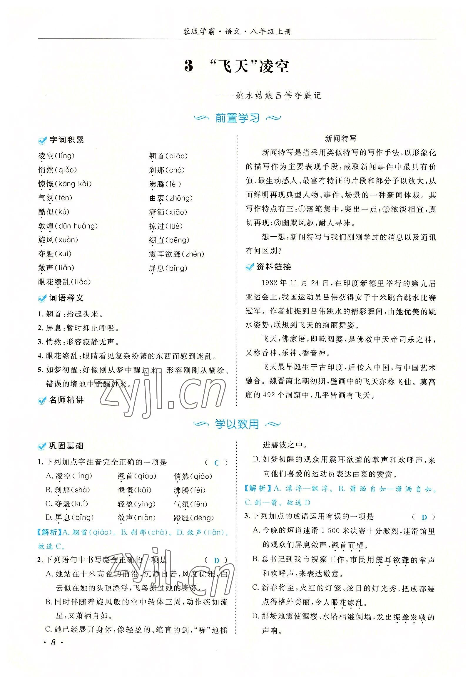 2022年蓉城學(xué)霸八年級語文上冊人教版 參考答案第8頁