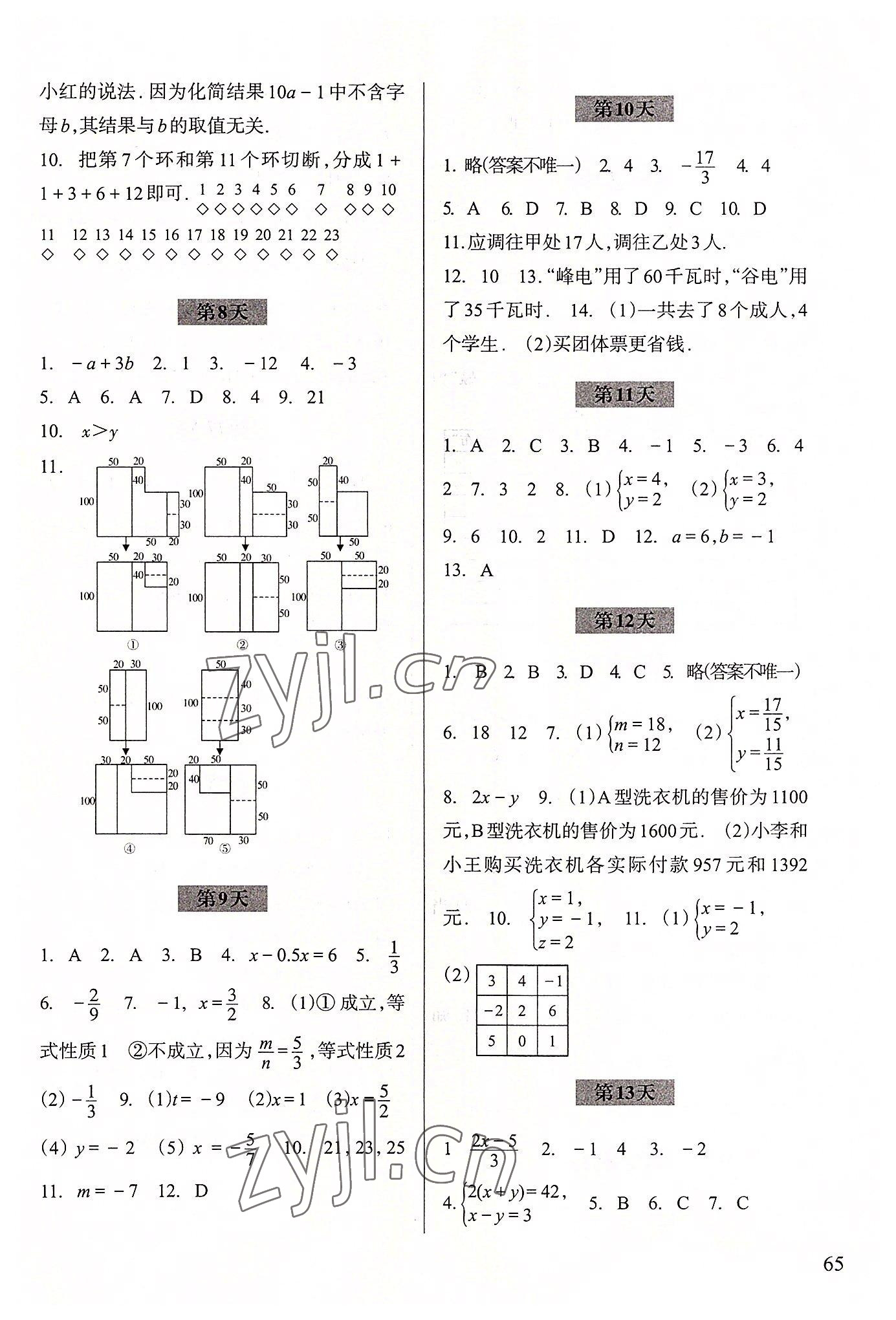 2022年暑假作业浙江科学技术出版社七年级数学 参考答案第2页