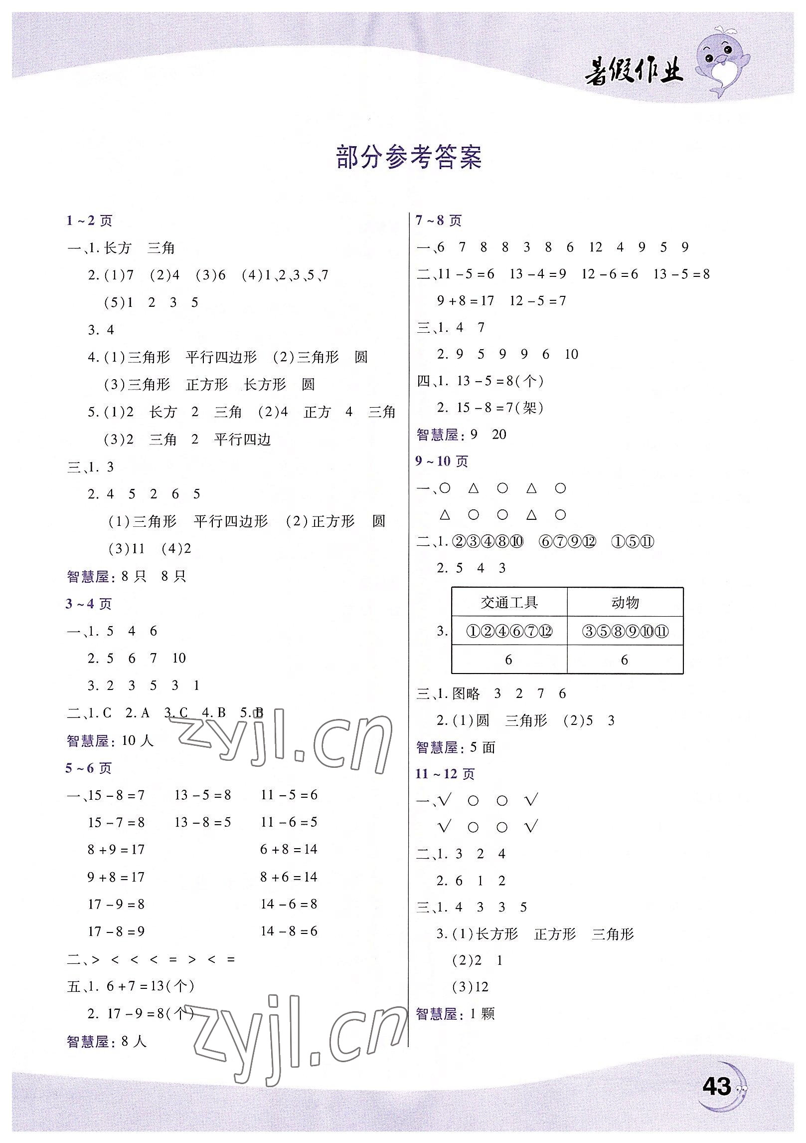 2022年暑假作业中原农民出版社一年级数学人教版 第1页