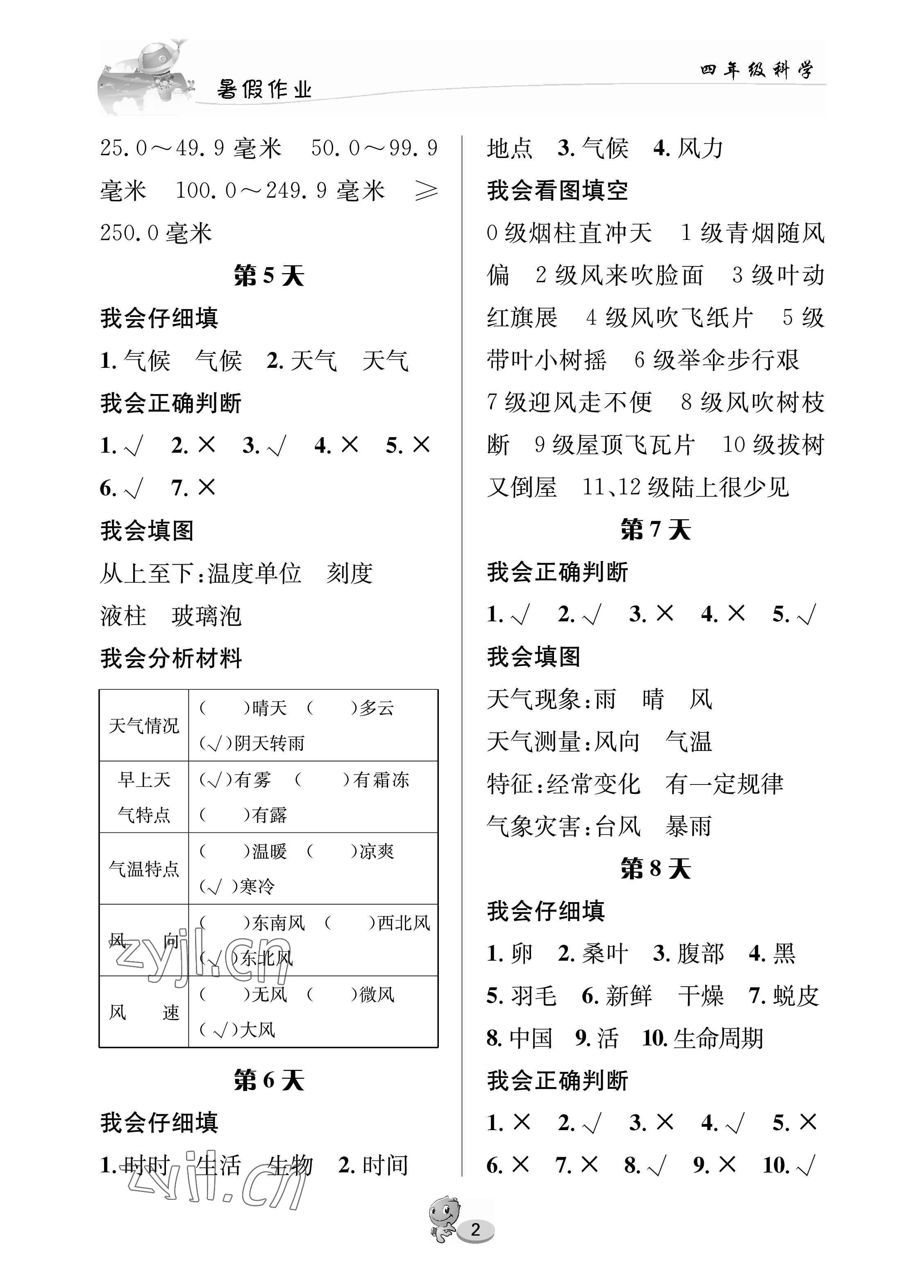 2022年暑假作业长江出版社四年级科学人教版 参考答案第2页