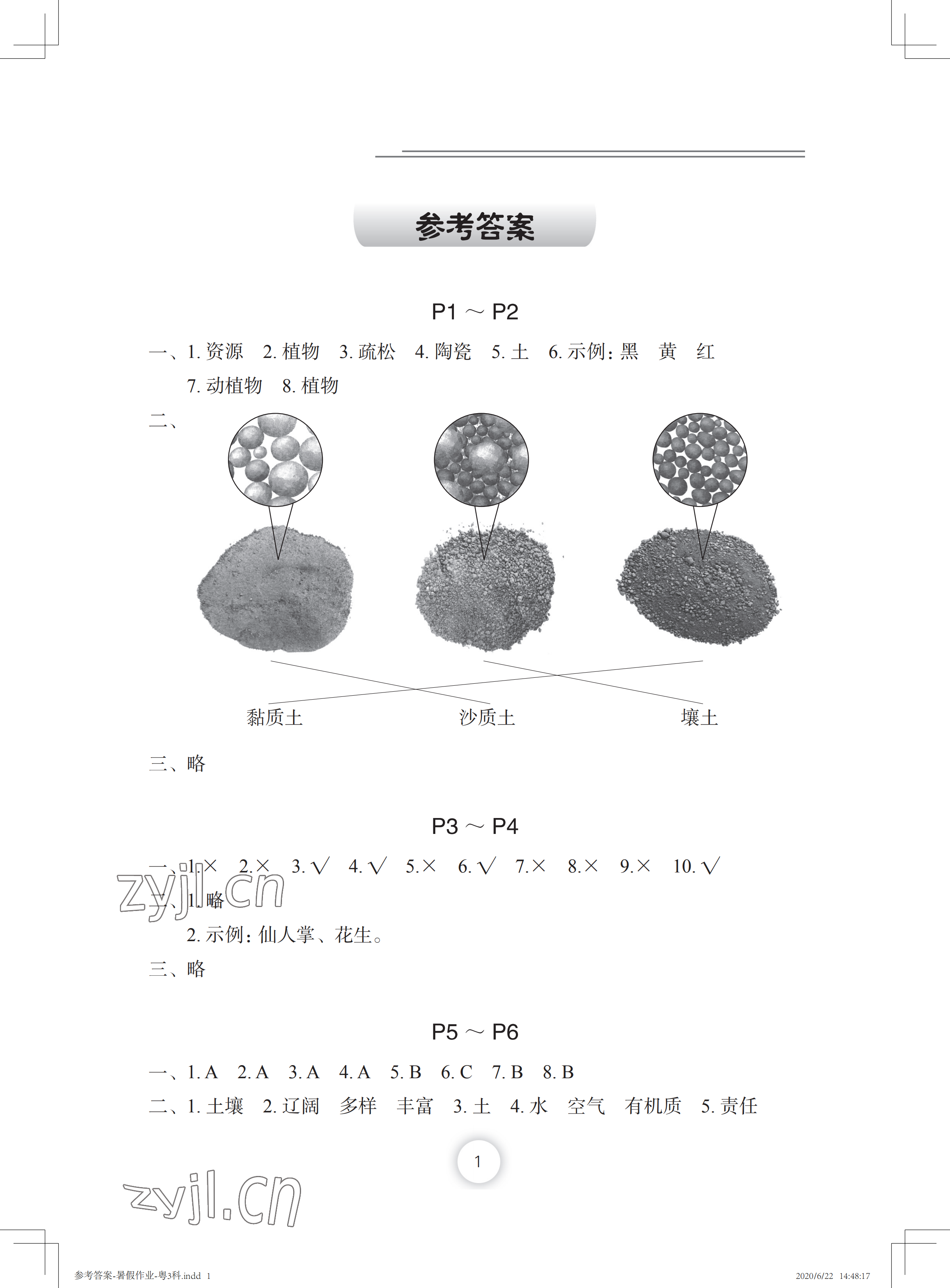 2022年暑假作業(yè)三年級(jí)科學(xué)粵教版長江少年兒童出版社 參考答案第1頁