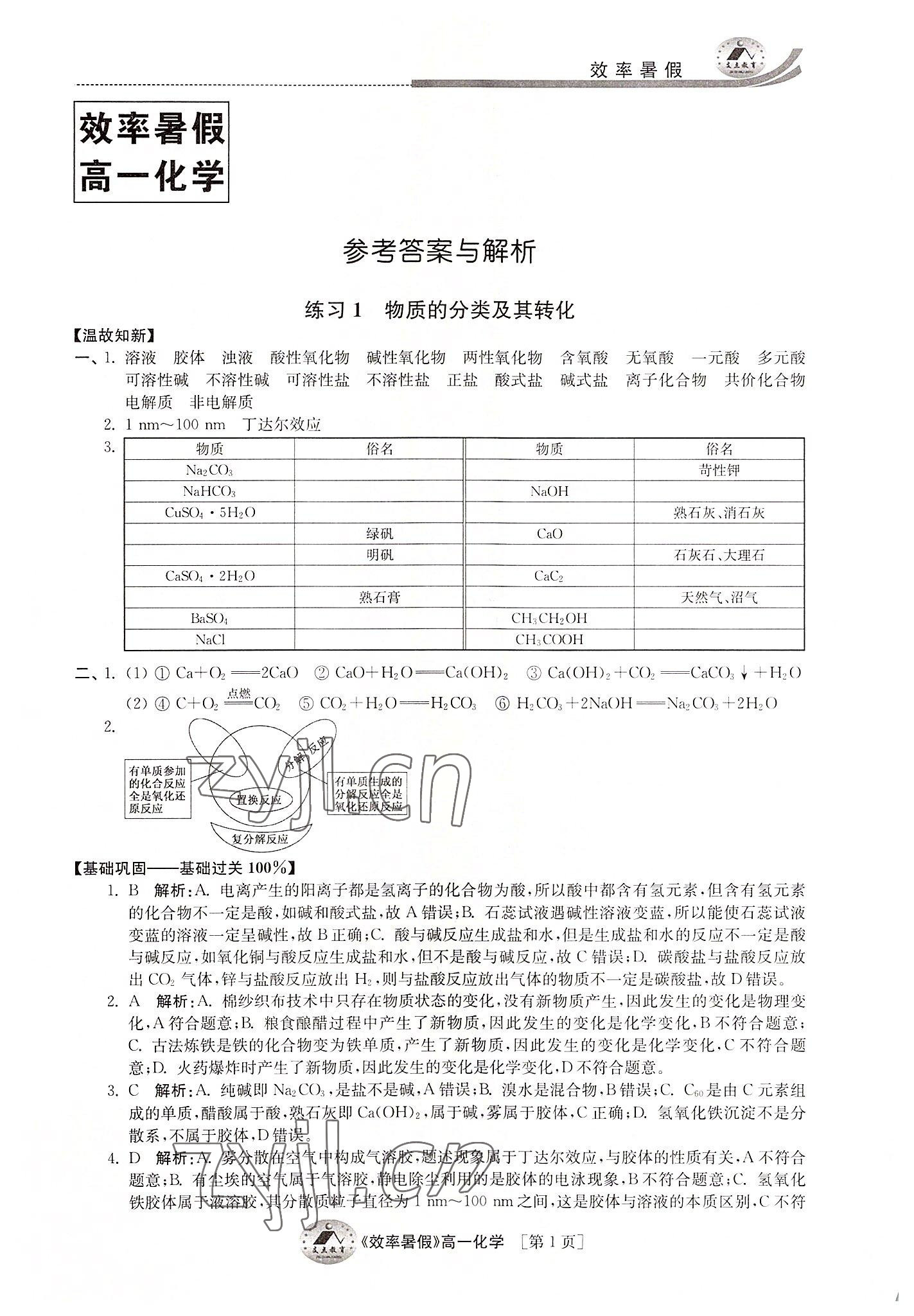 2022年效率暑假江苏人民出版社高一化学 第1页