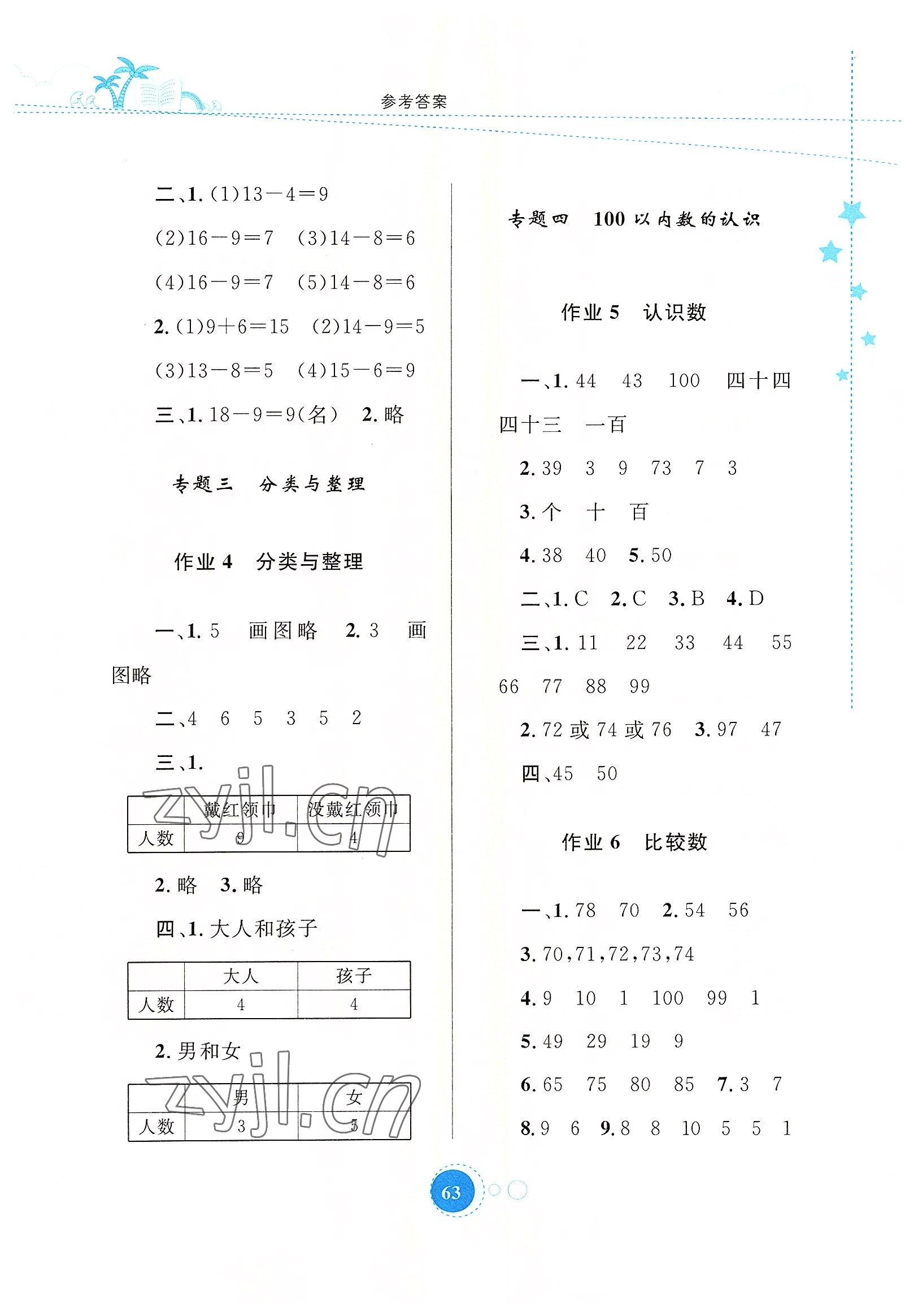 2022年暑假作业一年级数学内蒙古教育出版社 参考答案第2页