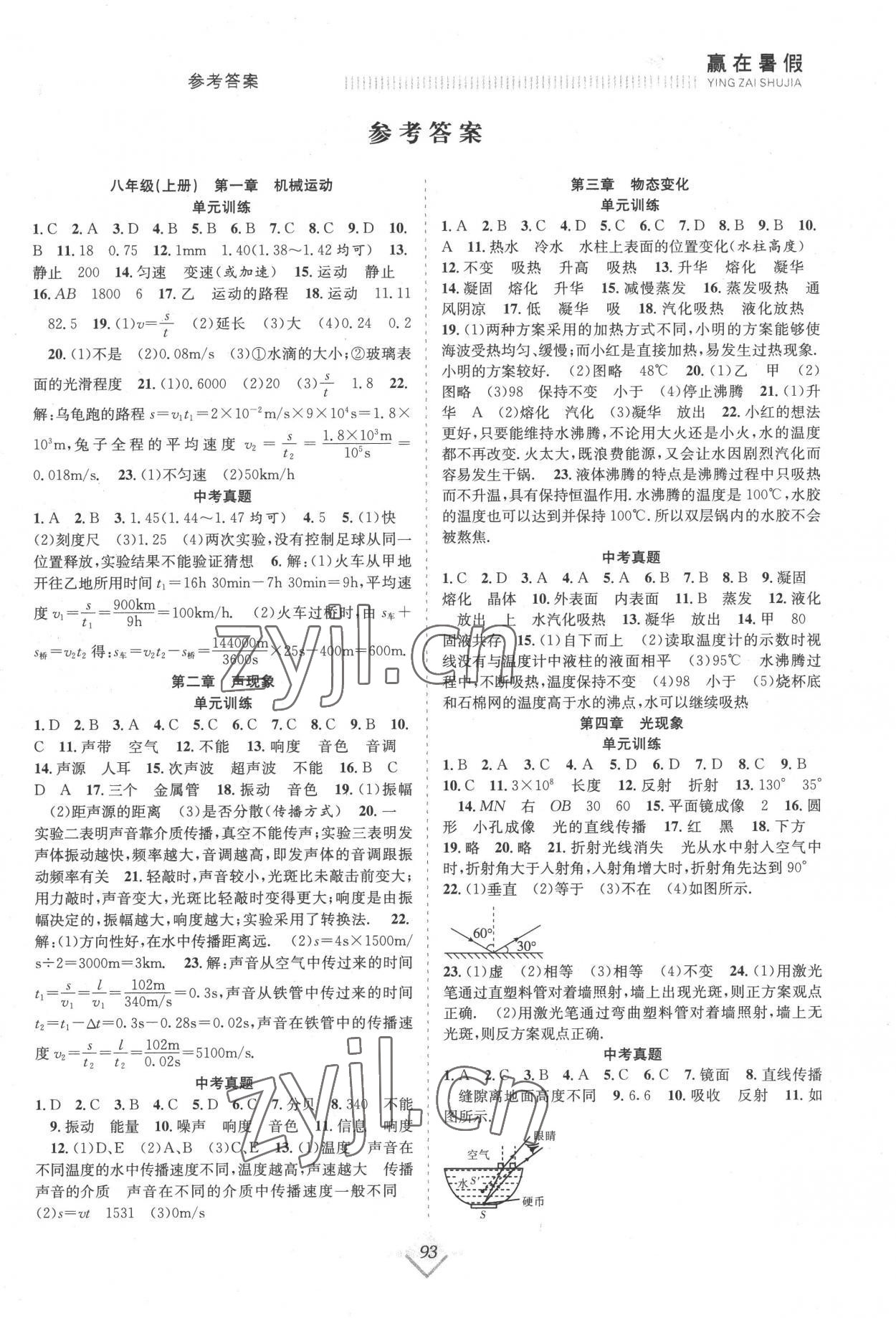 2022年赢在暑假抢分计划八年级物理人教版合肥工业大学出版社 参考答案第1页