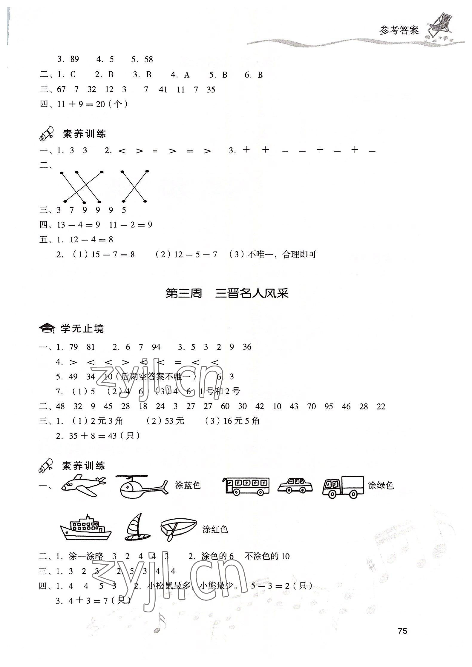 2022年暑假乐园现代教育出版社一年级数学 参考答案第2页