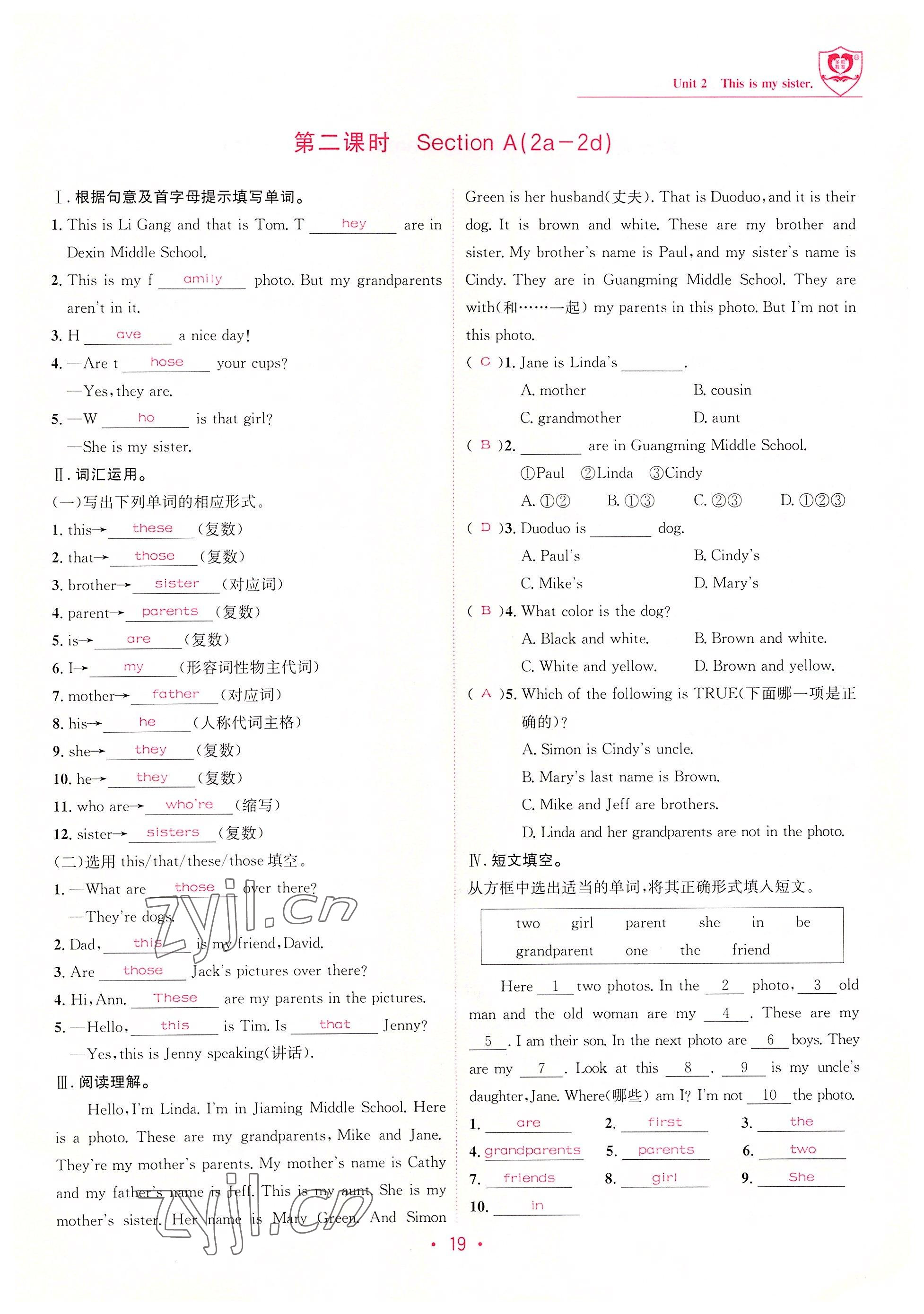 2022年指南針課堂優(yōu)化七年級(jí)英語(yǔ)上冊(cè)人教版 參考答案第19頁(yè)