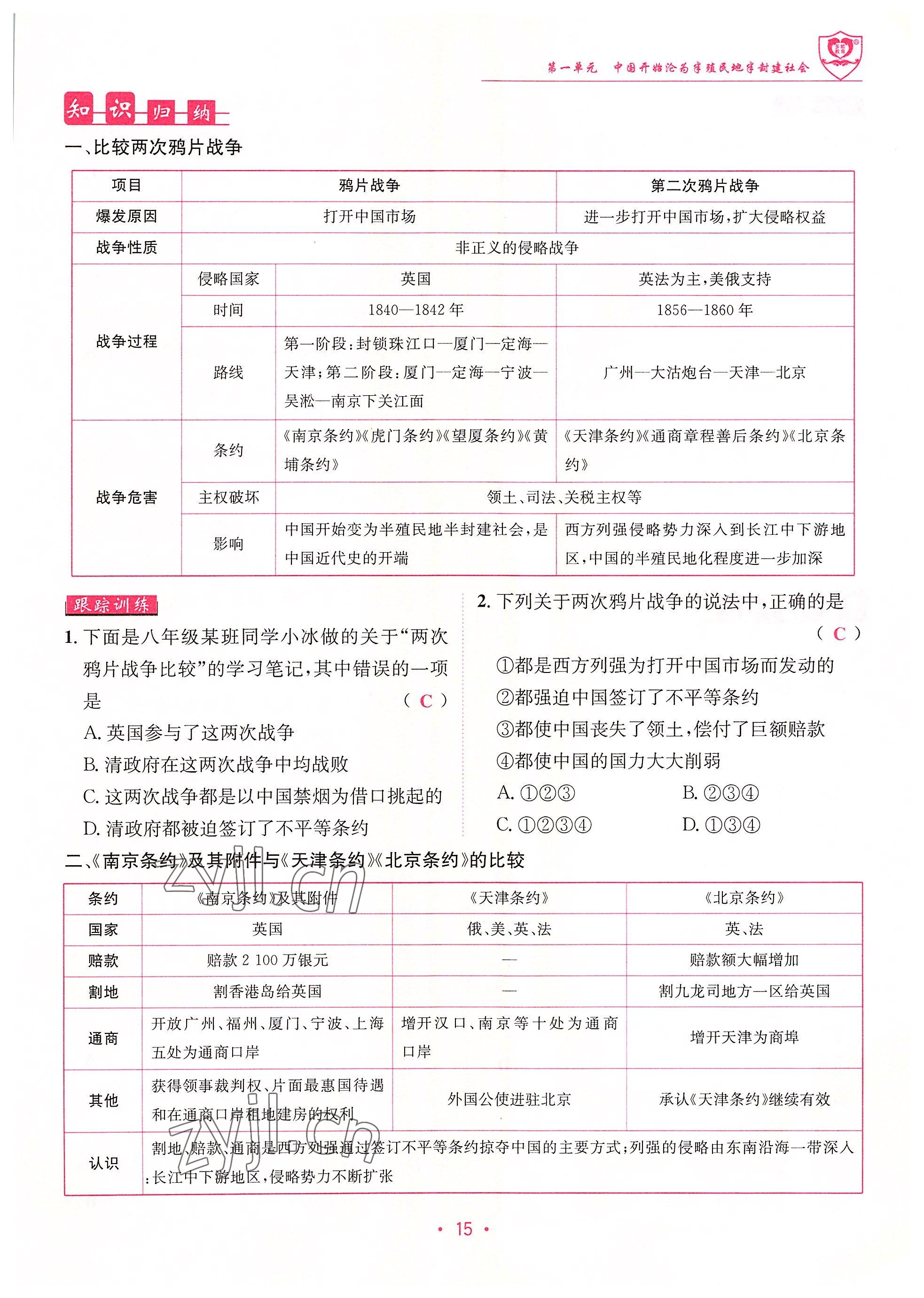 2022年指南針課堂優(yōu)化八年級(jí)歷史上冊(cè)人教版 參考答案第15頁(yè)