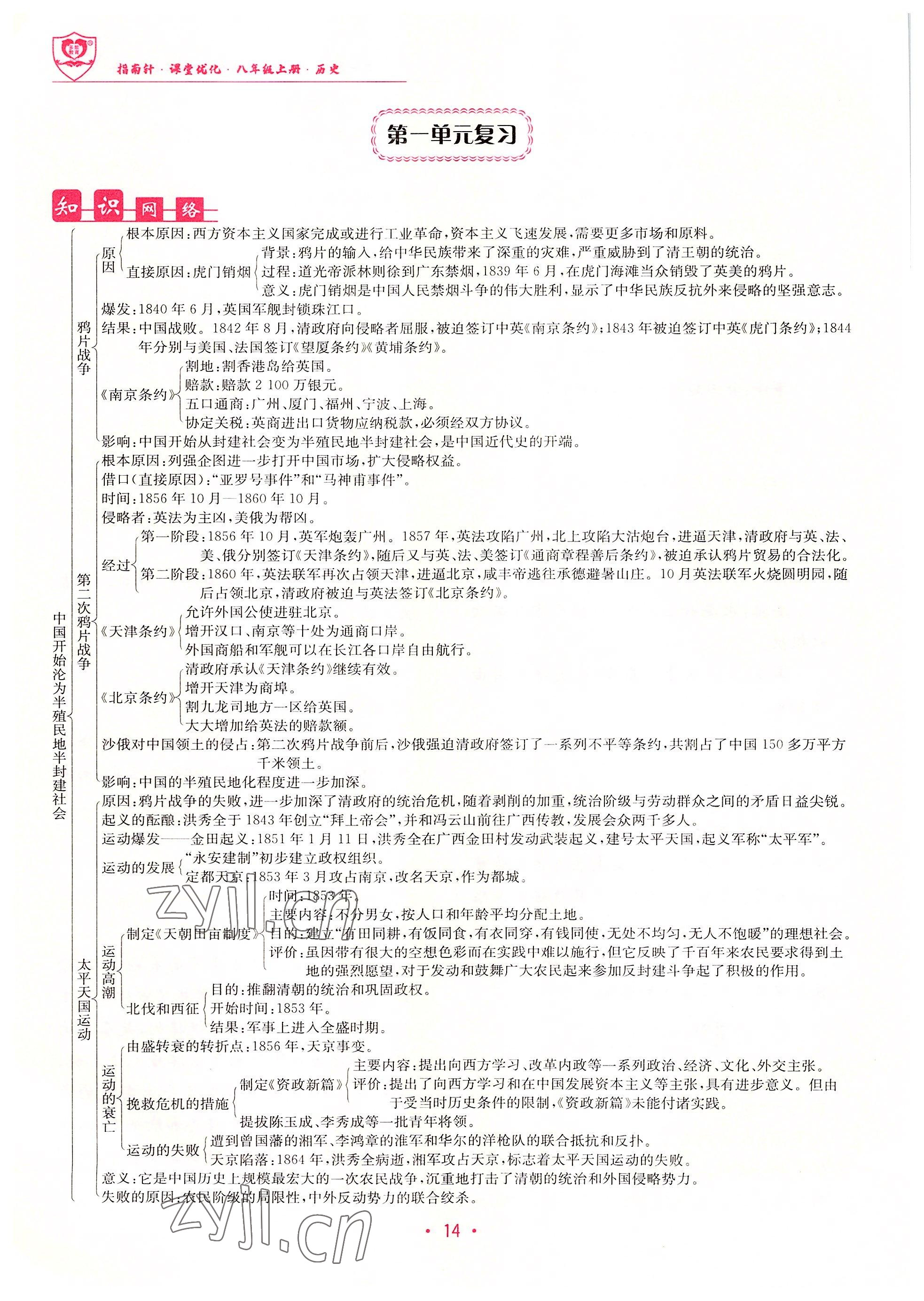 2022年指南針課堂優(yōu)化八年級歷史上冊人教版 參考答案第14頁