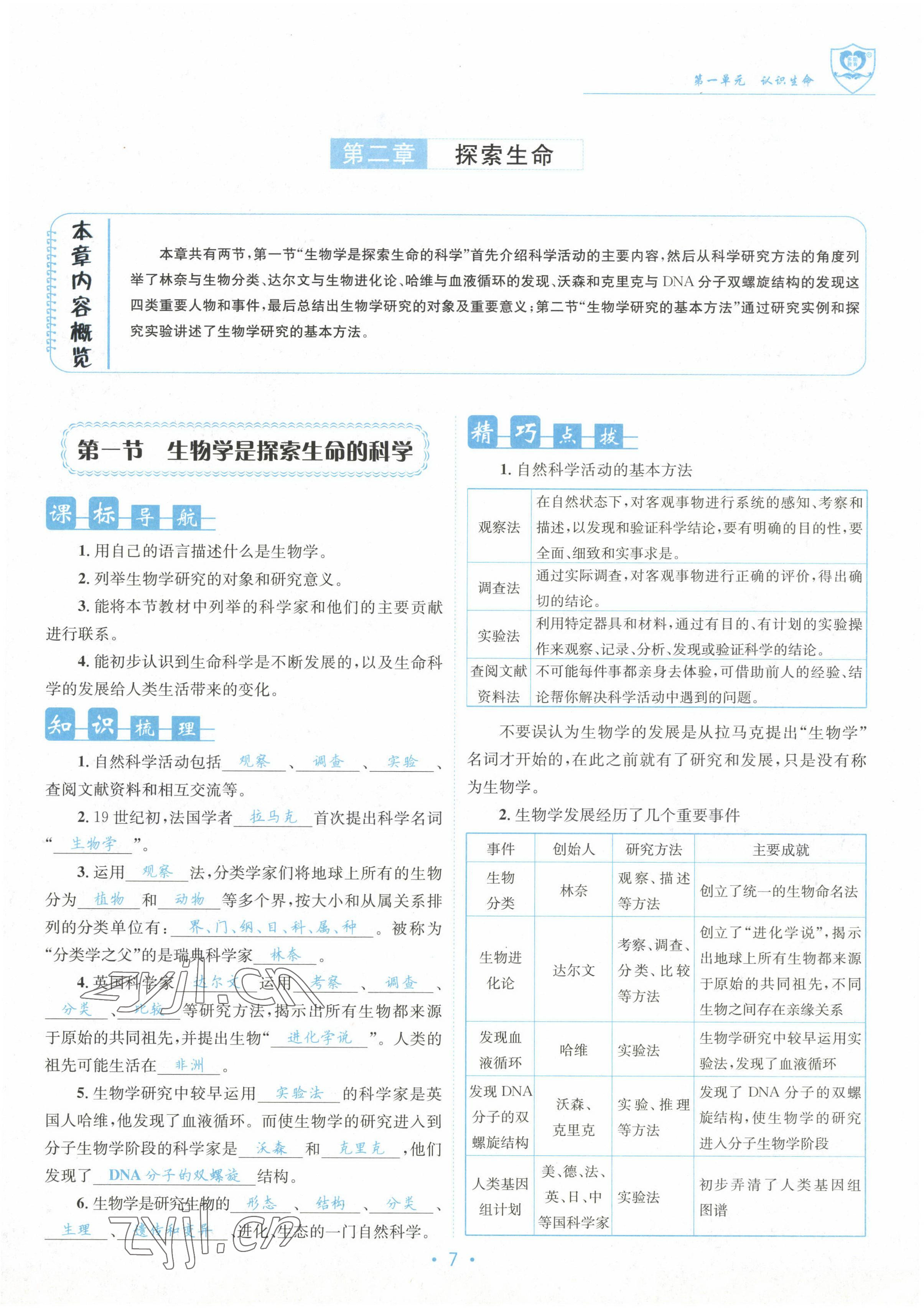 2022年指南針課堂優(yōu)化七年級生物上冊北師大版 參考答案第7頁