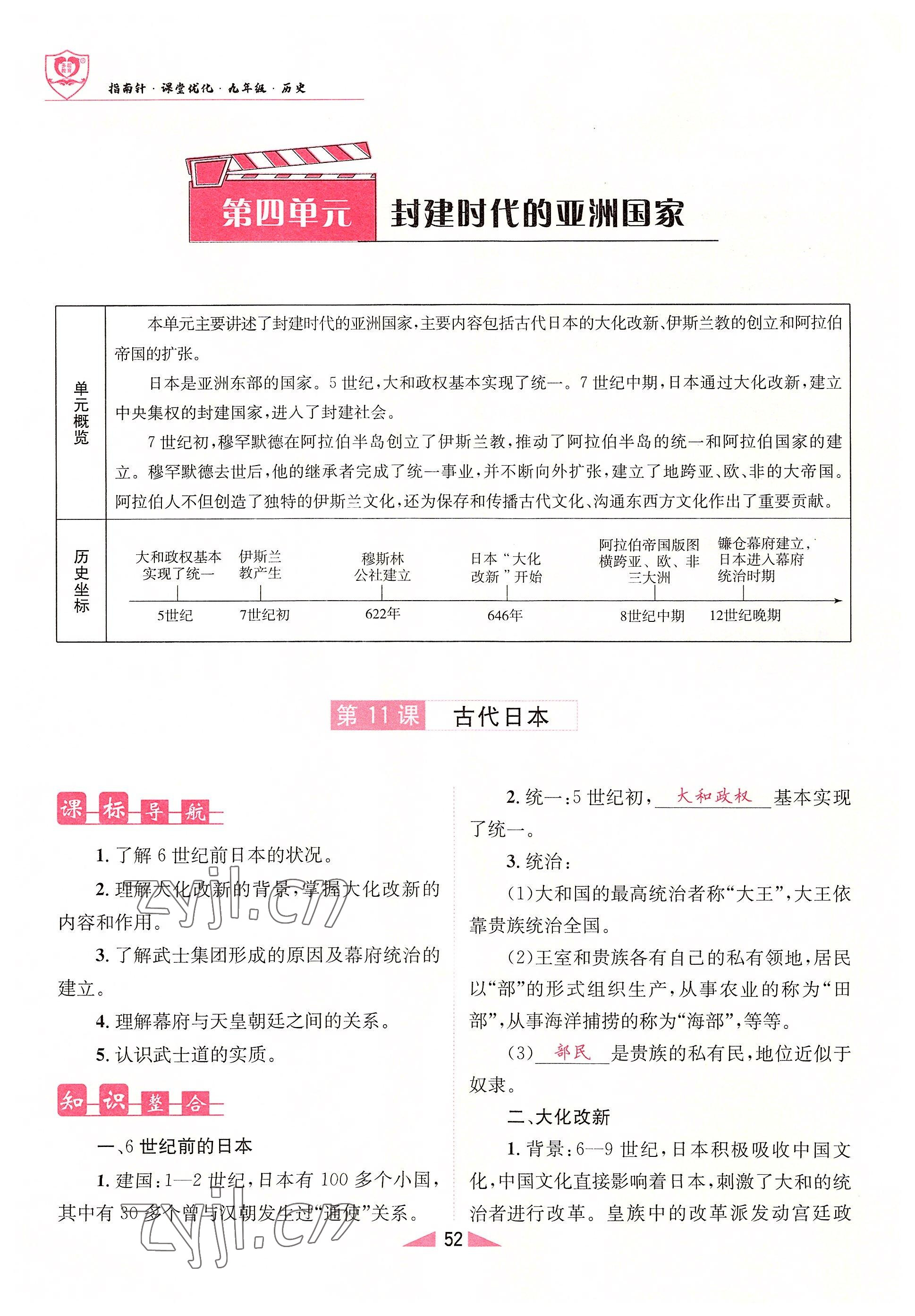 2022年指南针课堂优化九年级历史上册人教版&nbsp;参考答案第52页