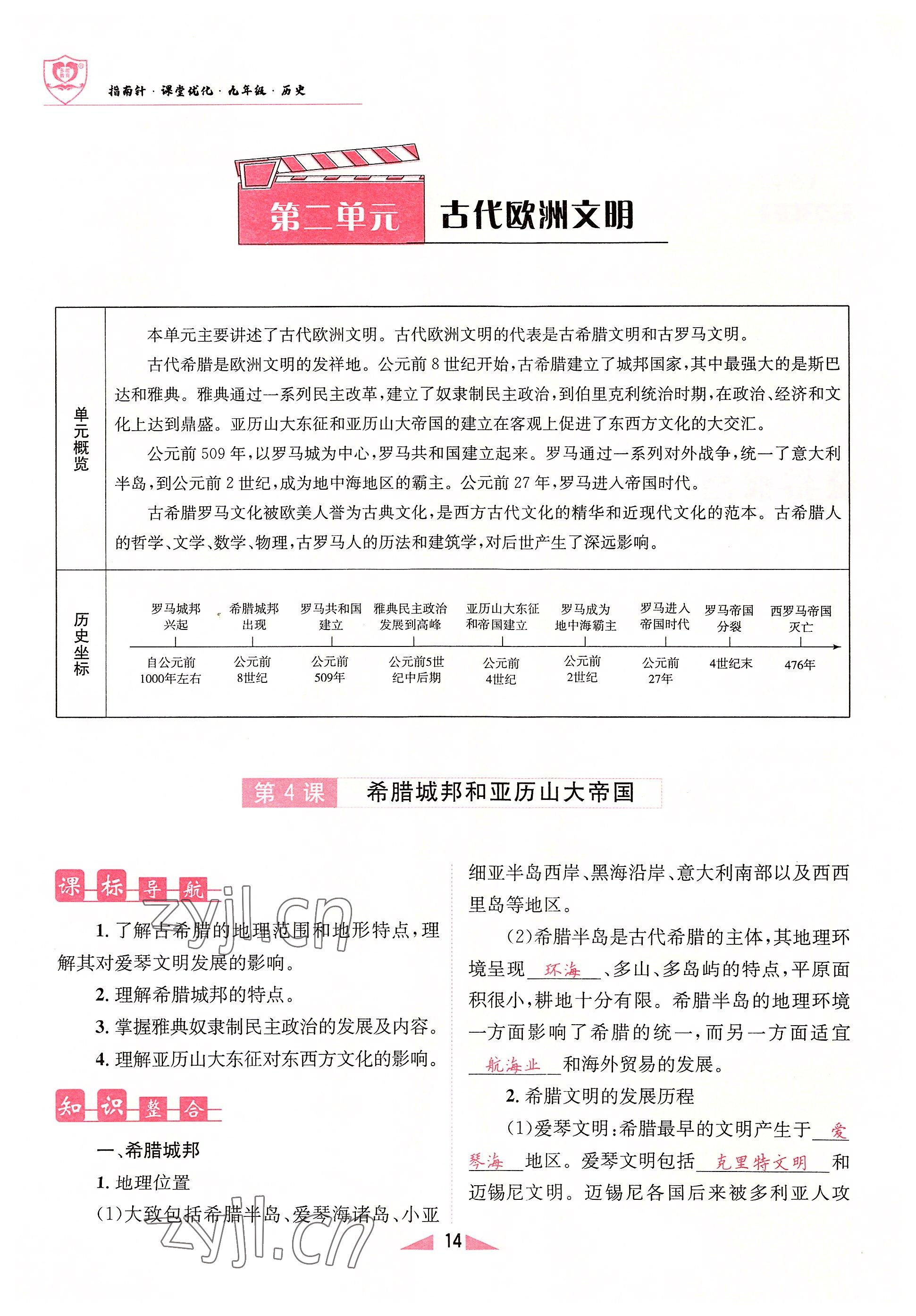 2022年指南针课堂优化九年级历史上册人教版&nbsp;参考答案第14页