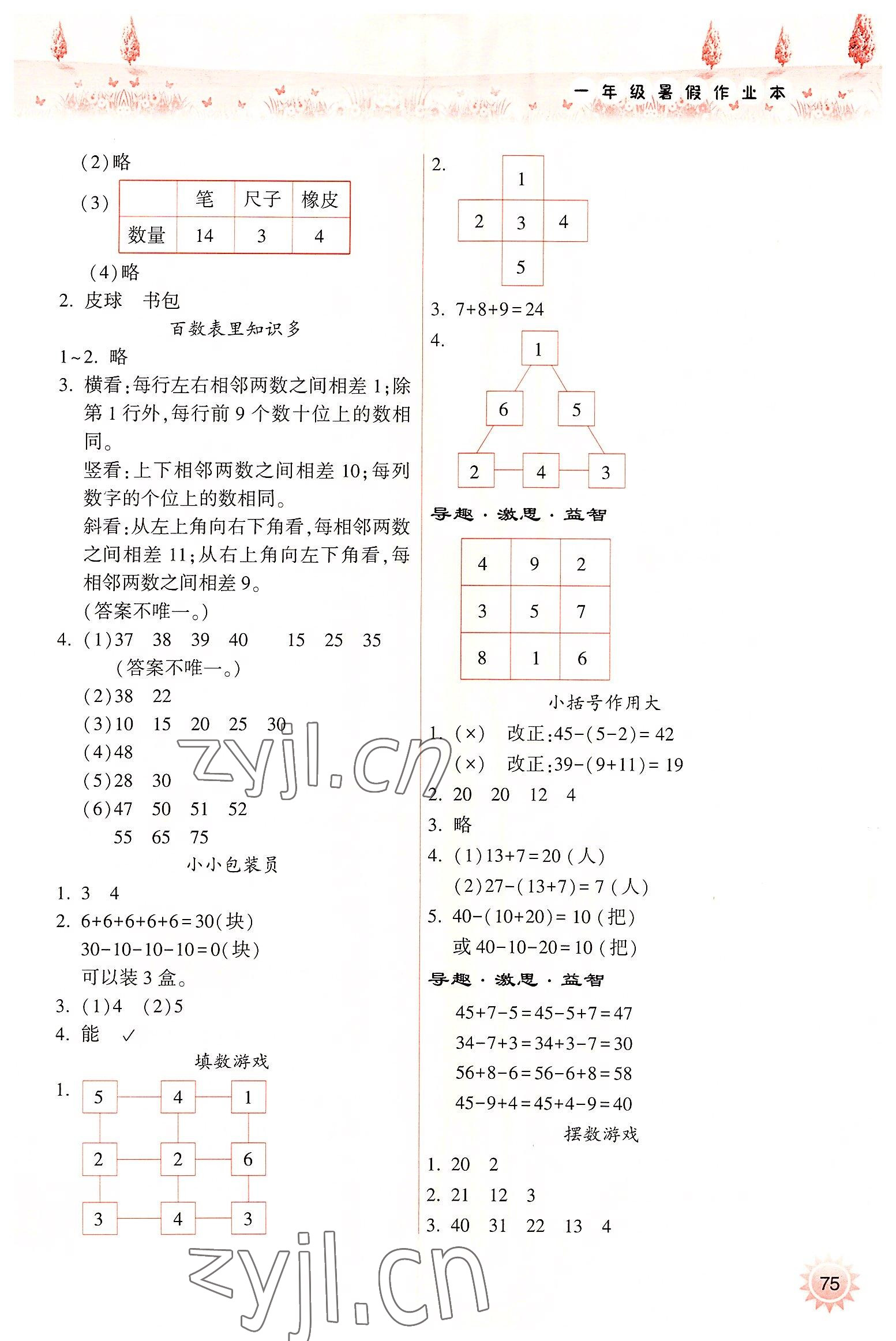 2022年暑假作業(yè)本一年級(jí)數(shù)學(xué)人教版希望出版社 參考答案第2頁(yè)