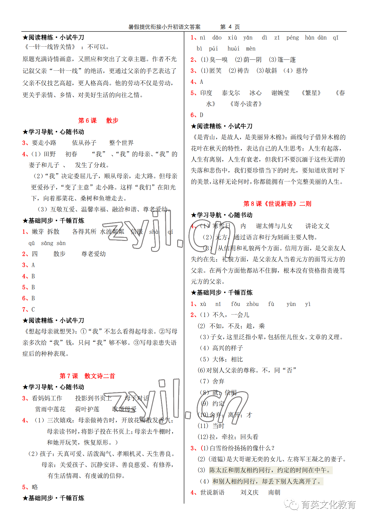 2022年領(lǐng)跑新學(xué)期暑假提優(yōu)銜接七升八 參考答案第4頁(yè)