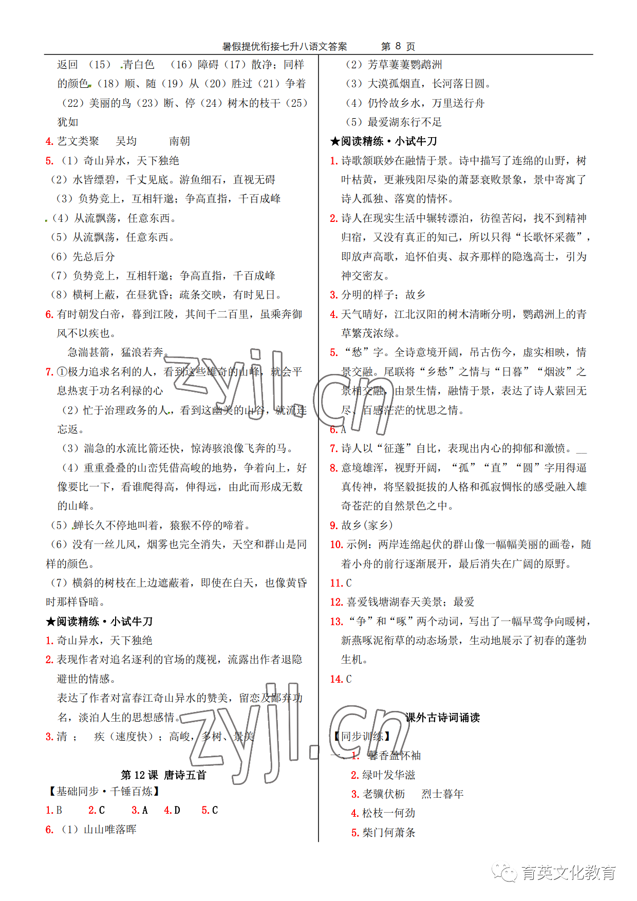 2022年領(lǐng)跑新學(xué)期暑假提優(yōu)銜接七升八合訂本 參考答案第8頁