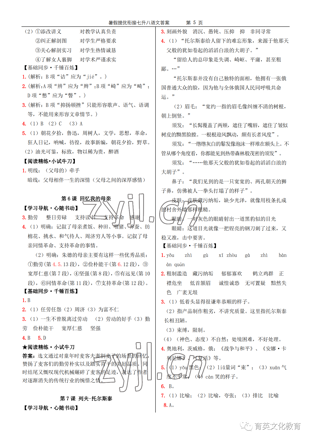 2022年領(lǐng)跑新學(xué)期暑假提優(yōu)銜接七升八合訂本 參考答案第5頁