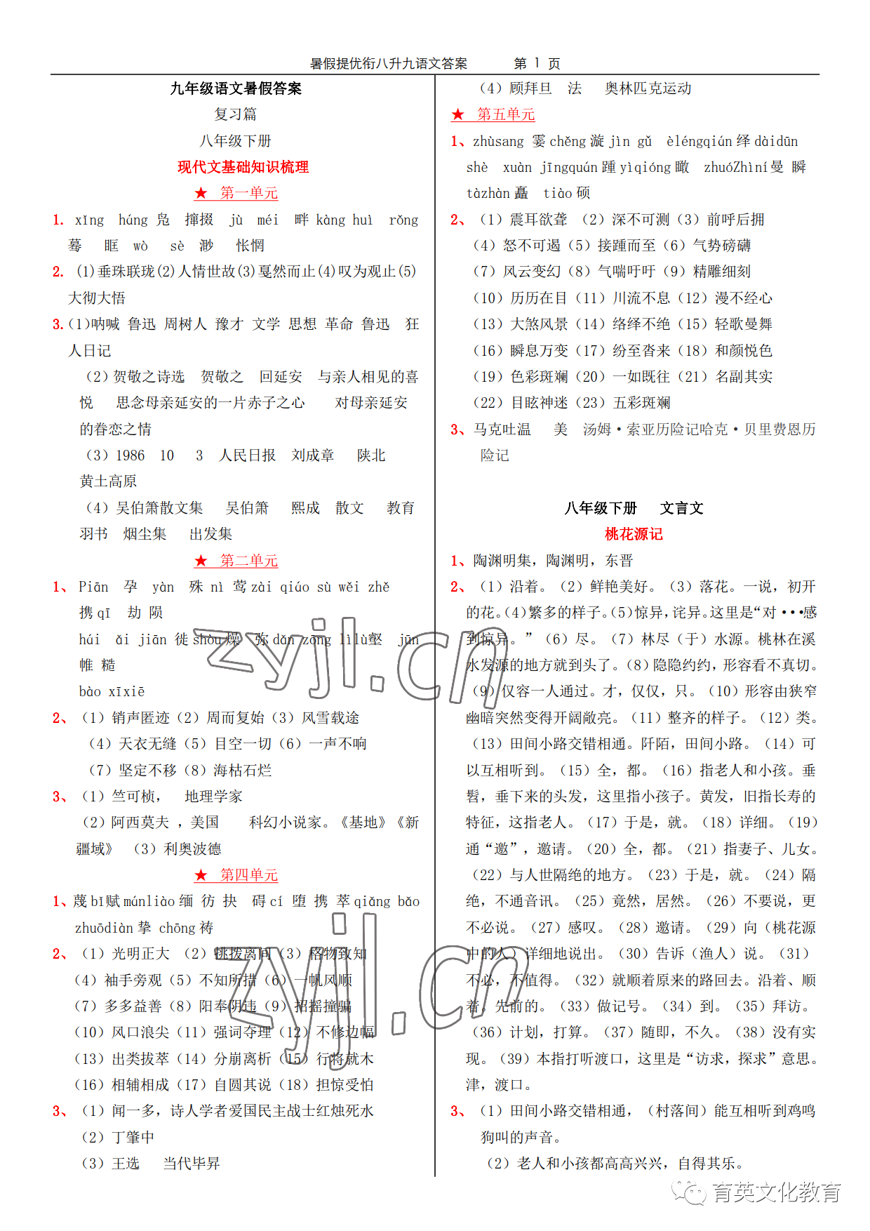 2022年领跑新学期暑假提优衔接八升九合订本 参考答案第1页