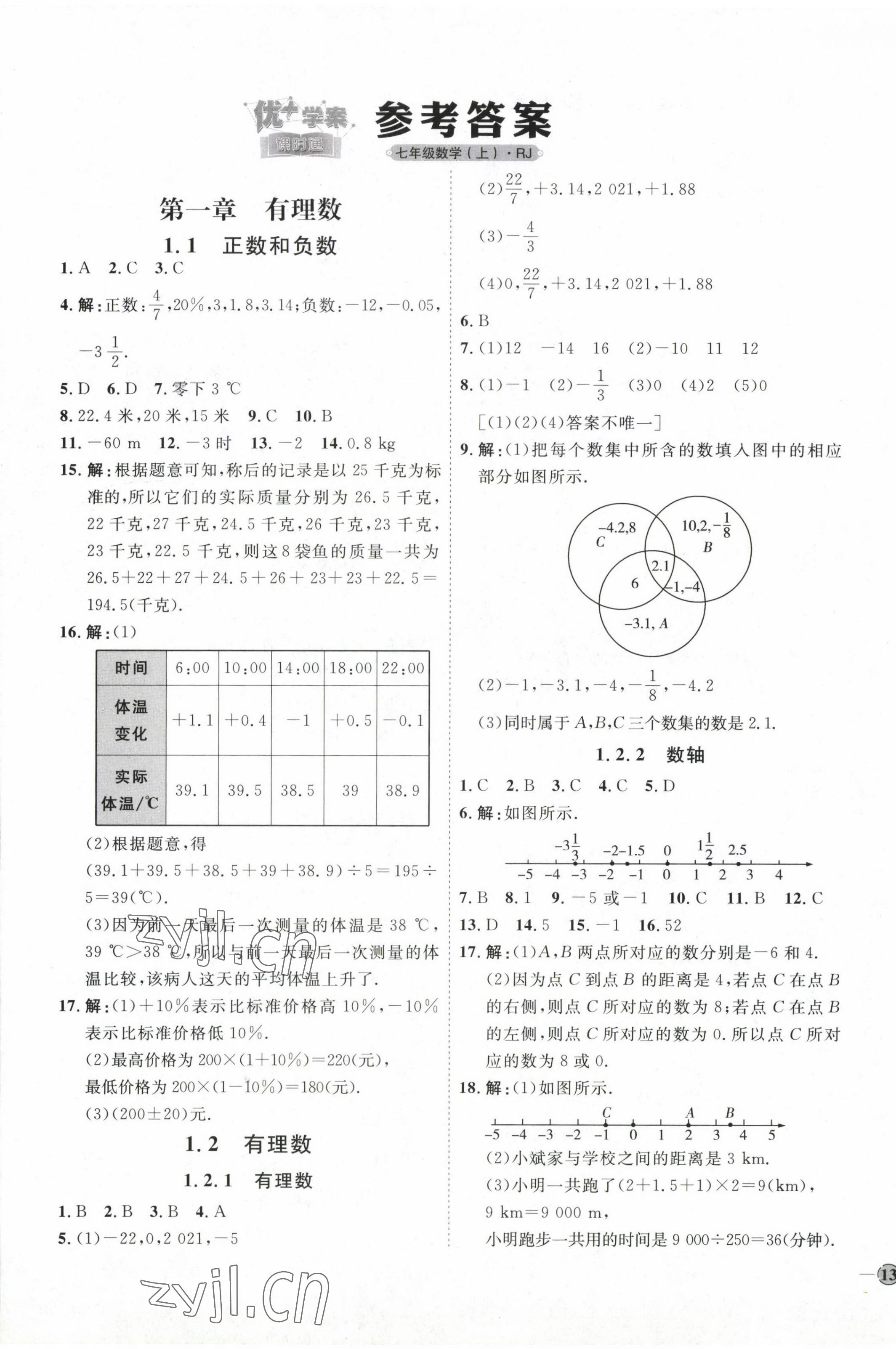 2022年优加学案课时通七年级数学上册人教版 参考答案第1页