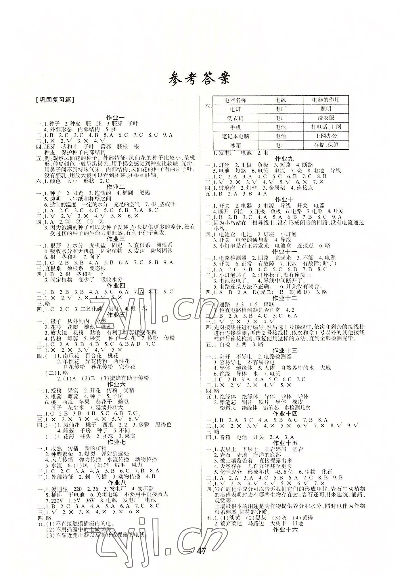 2022年金峰教育開心作業(yè)暑假作業(yè)四年級科學教科版 參考答案第1頁