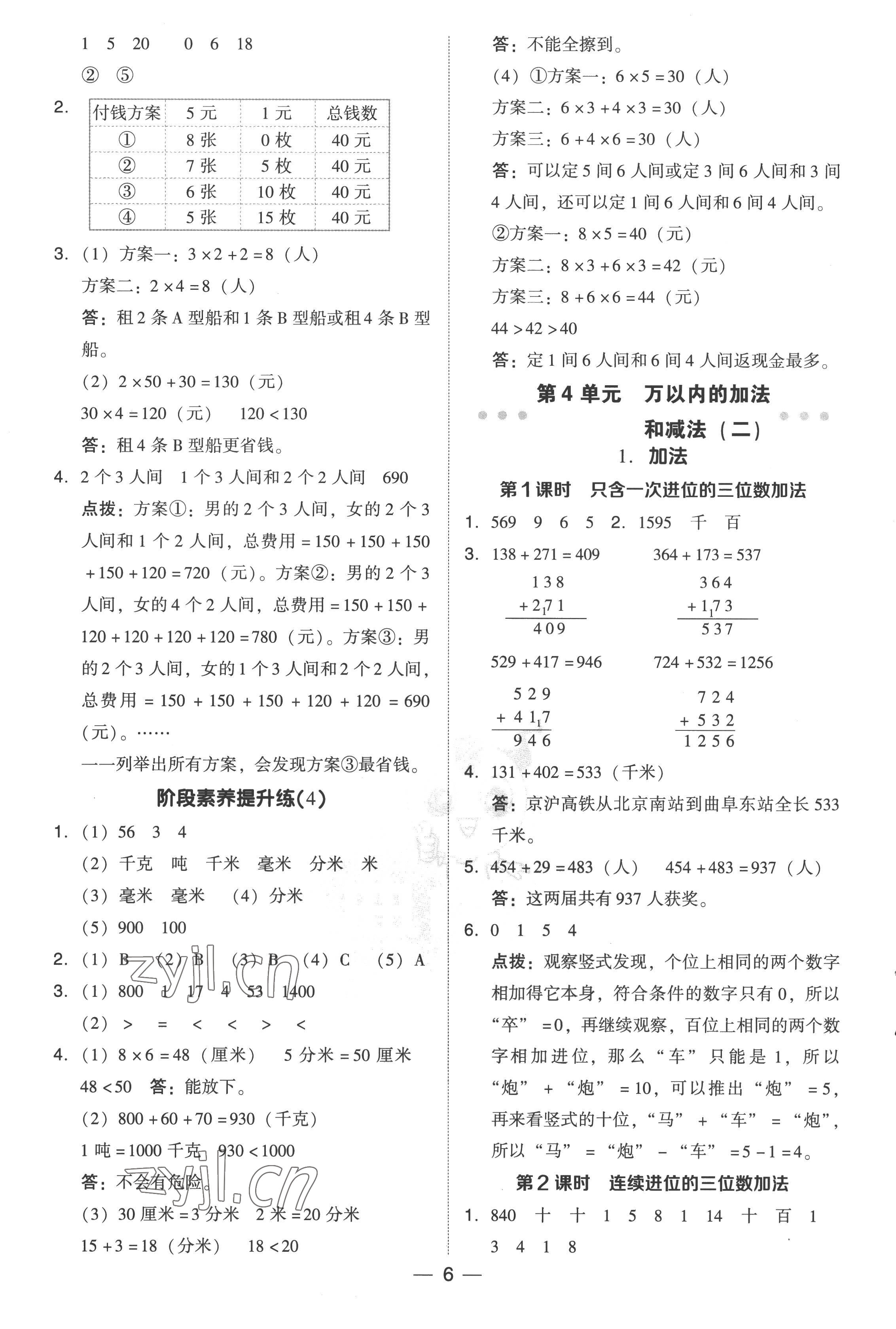 2022年綜合應(yīng)用創(chuàng)新題典中點(diǎn)三年級(jí)數(shù)學(xué)上冊(cè)人教版 參考答案第6頁(yè)