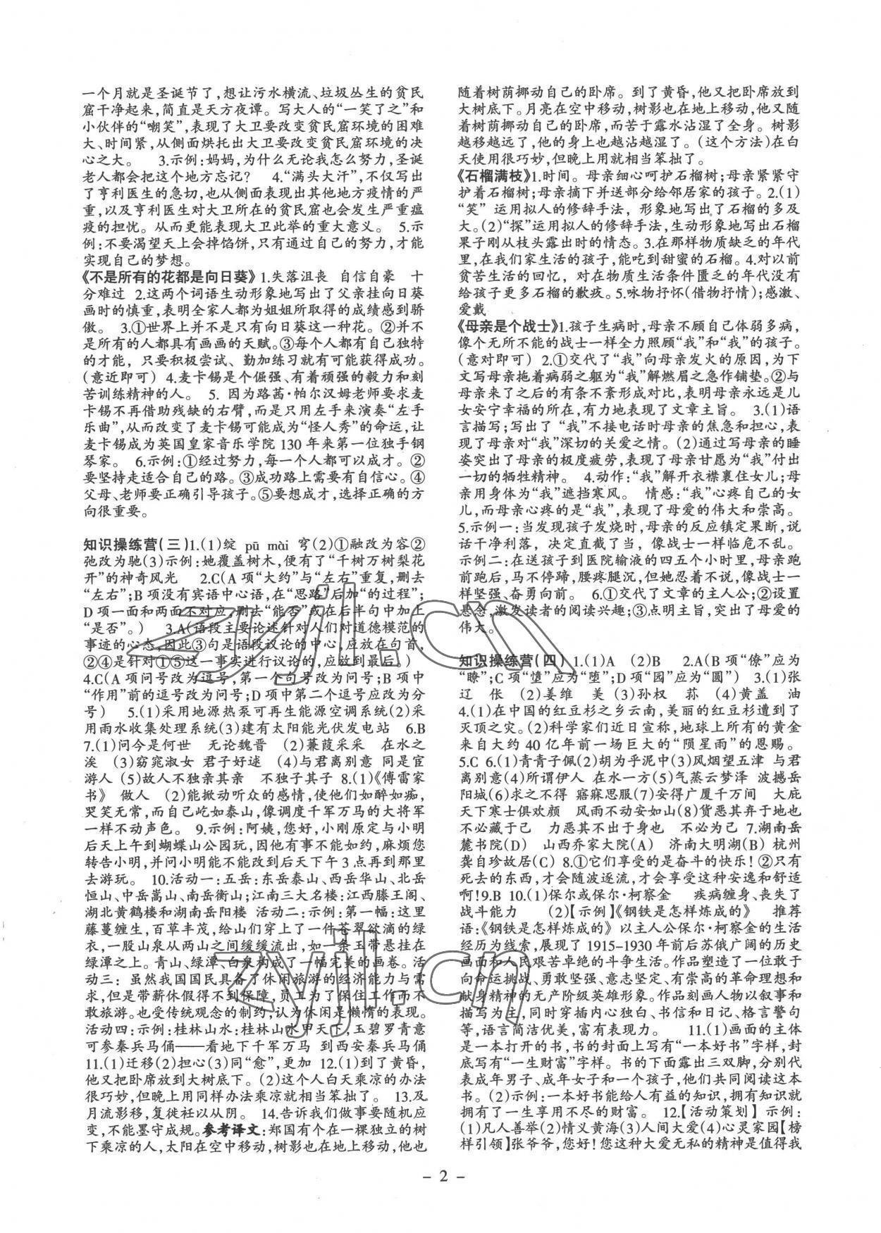 2022年新语文活页暑假作业八年级语文人教版 参考答案第2页