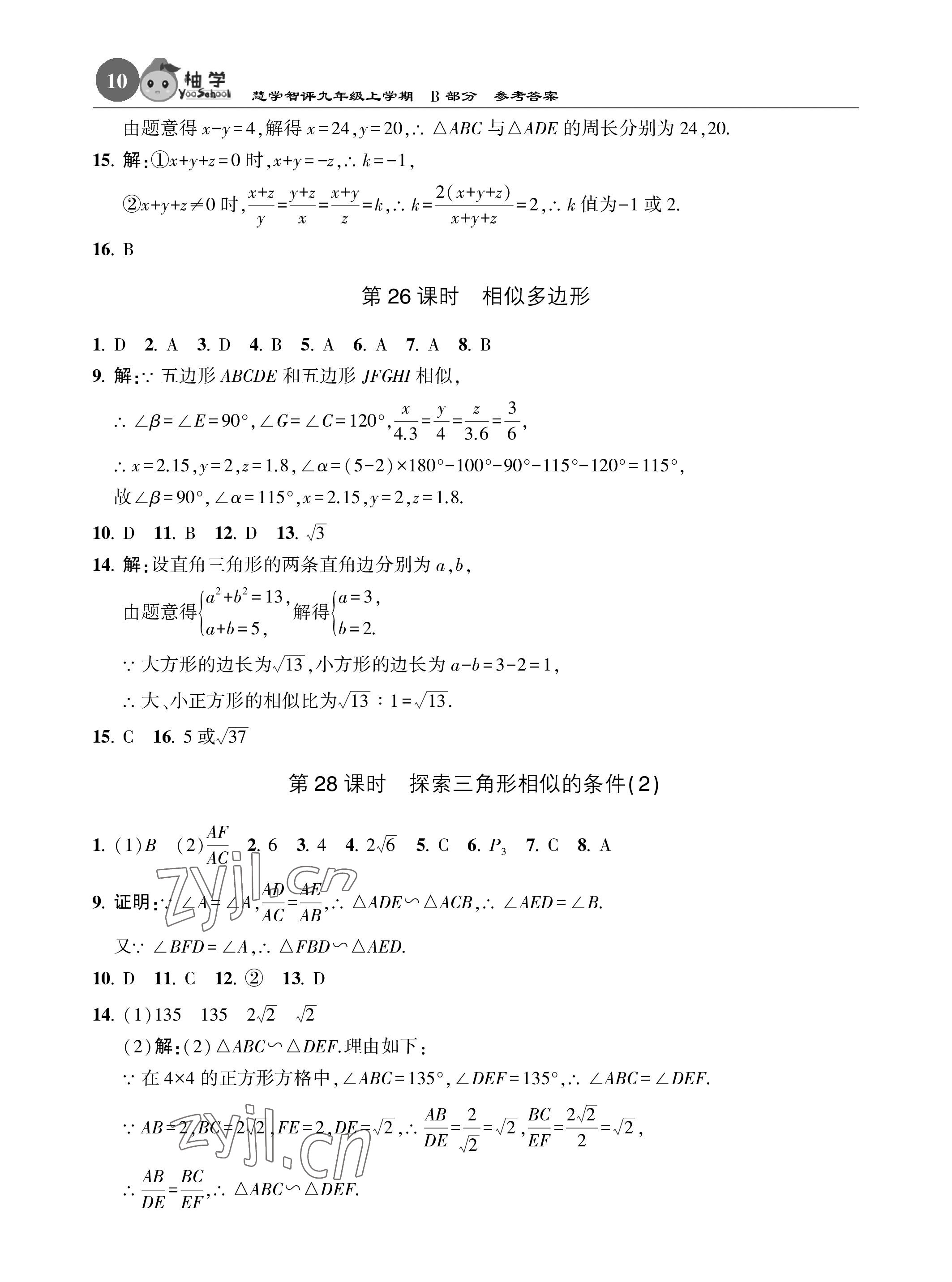 2022年慧學智評九年級數學上冊北師大版 參考答案第26頁