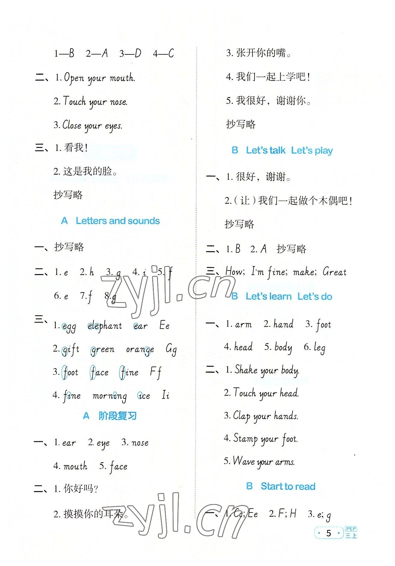 2022年陽光同學默寫小達人三年級英語上冊人教版 參考答案第5頁