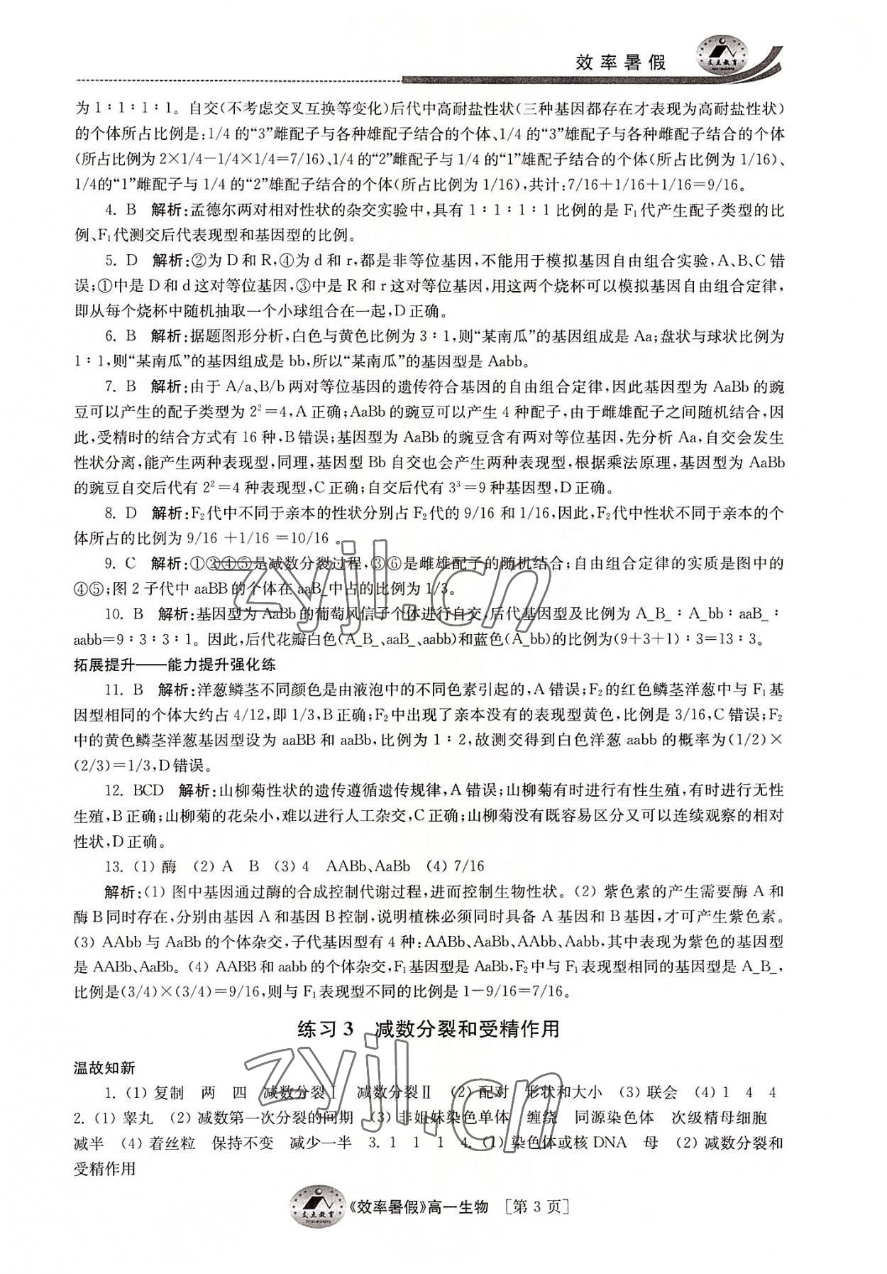 2022年效率暑假江蘇人民出版社高一生物通用版 參考答案第3頁