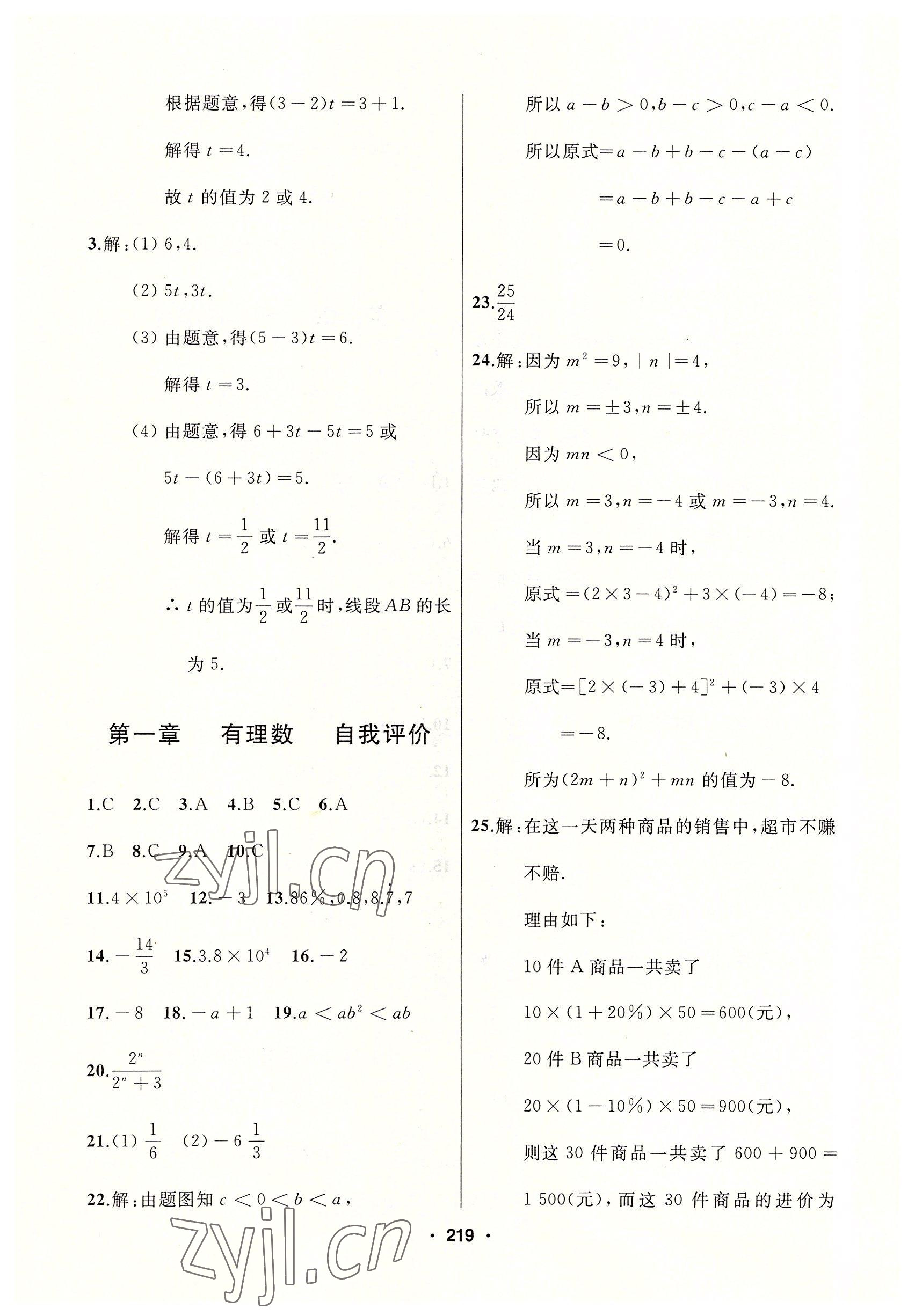 2022年試題優(yōu)化課堂同步七年級數學上冊人教版 參考答案第11頁